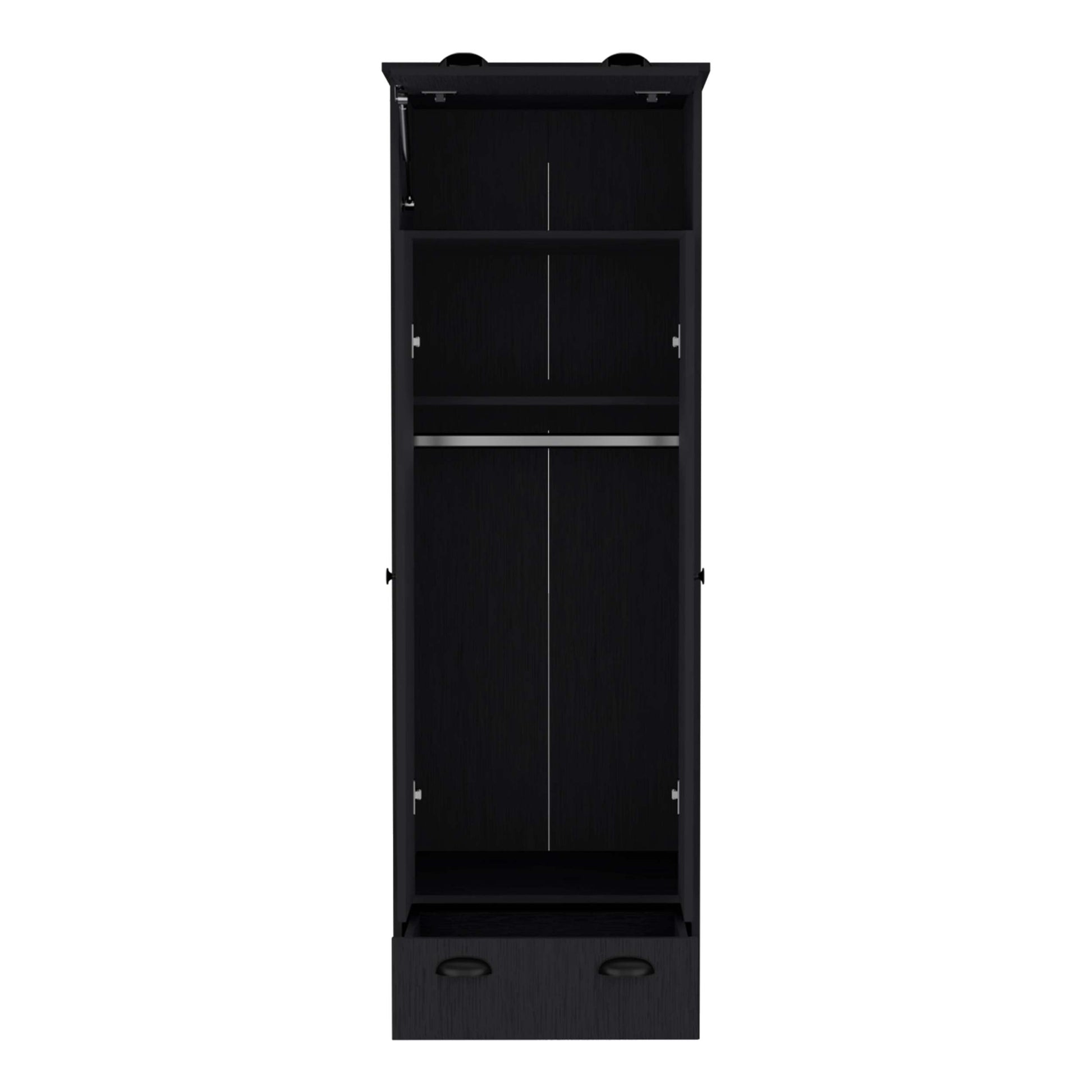 Black Dresser Closet With Upper Storage Covered With 1 Door, This Wardrobe Also Has 2 Central Shelves And 1 Tube For Hanging Clothes Covered By 2 Doors, And 1 Drawer At The Bottom. Black Particle Board Particle Board