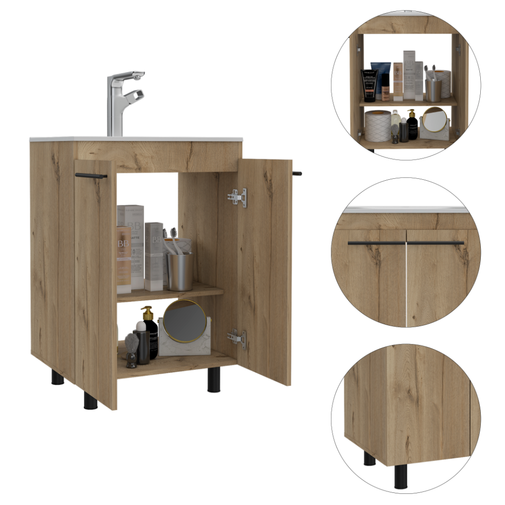 2 Piece Bathroom Set, Yaka Linen Cabinet Dustin Free Standing Sink Cabinetlight Oak Light Oak Particle Board Particle Board