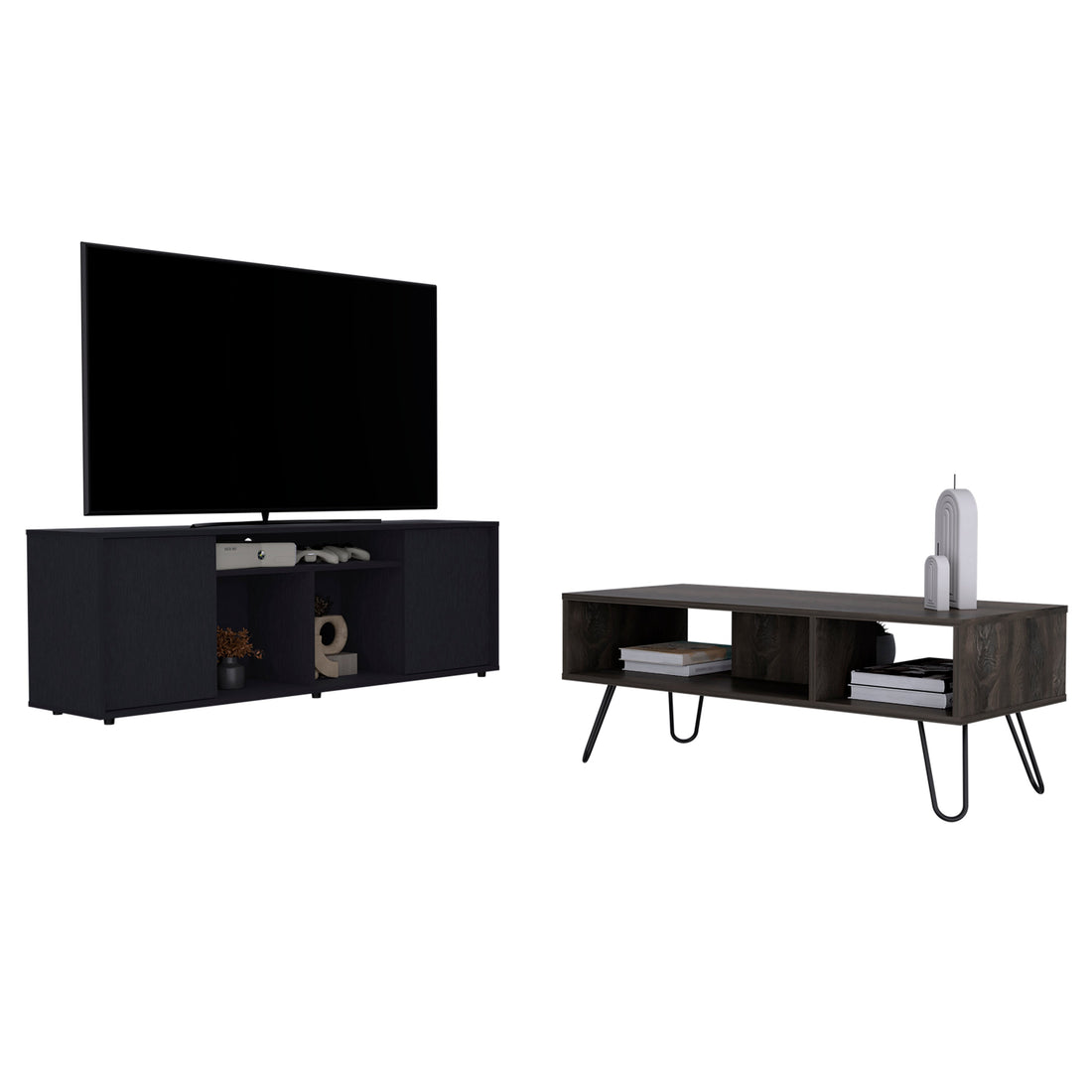 Katalla 2 Piece Living Room Set, Dallas Tv Stand Vassel Coffee Table, Black Espresso Black 70 79 Inches Particle Board Particle Board