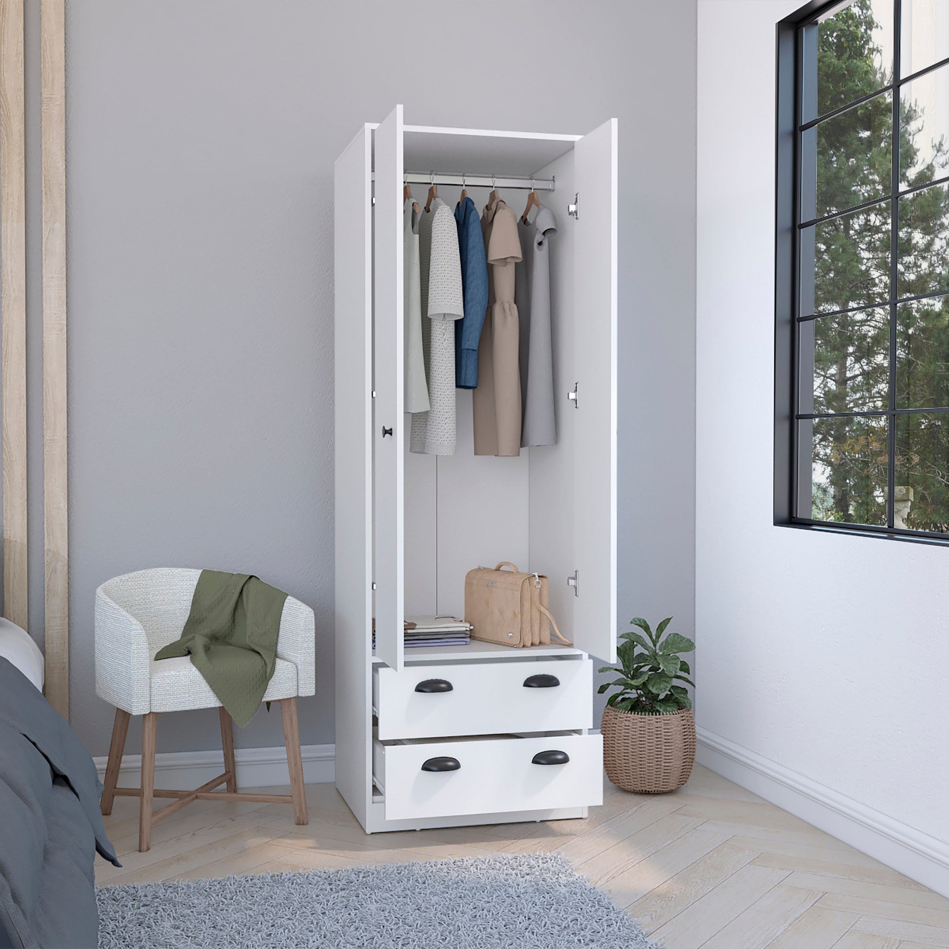 Armoire 70"H With 2 Drawers And 2 Doors, White White White Modern Particle Board Particle Board