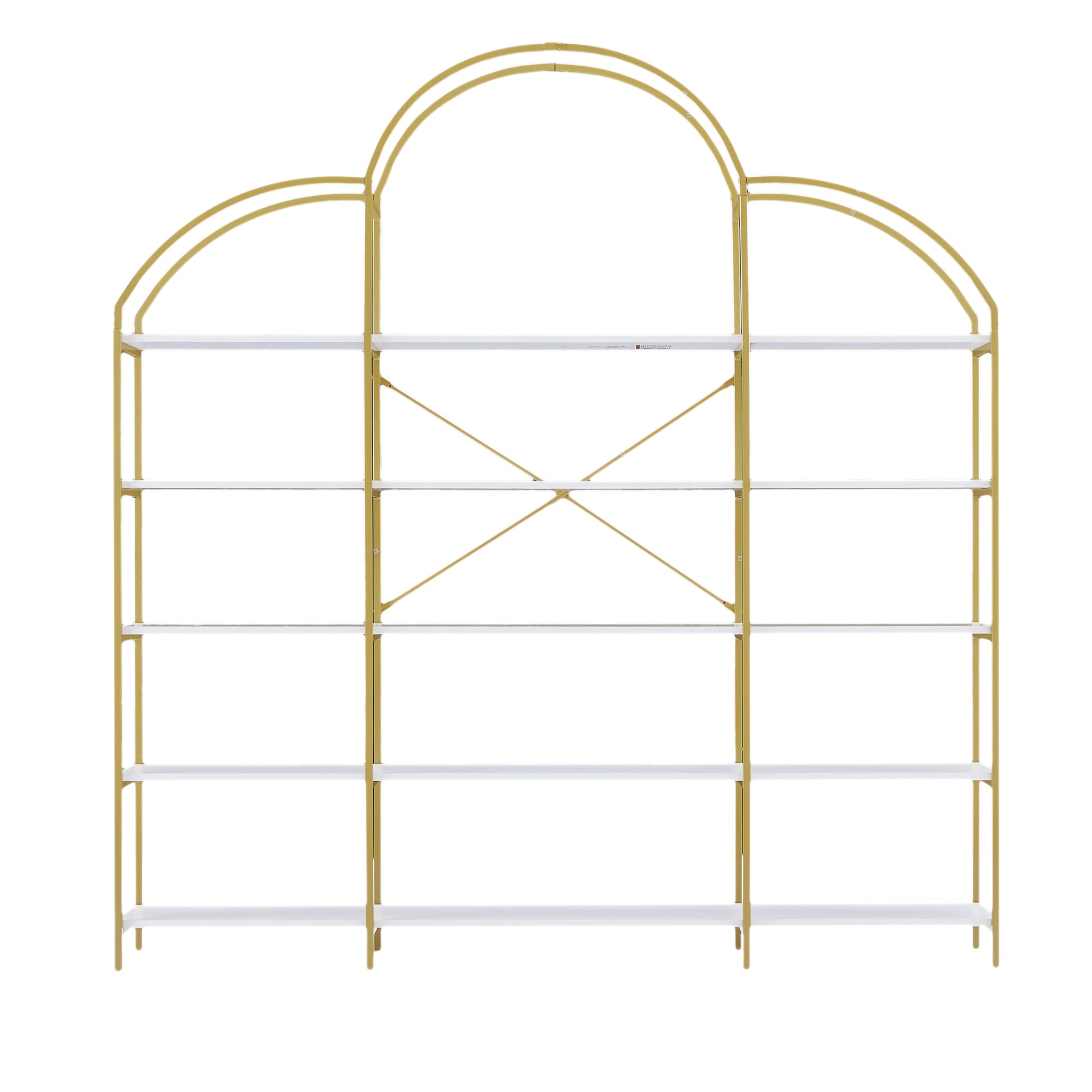 74.8 Inch 5 Tiers Office Bookcase Bookshelf, Display Shelf With Round Top, X Bar Gold Frame Golden White Mdf Steel