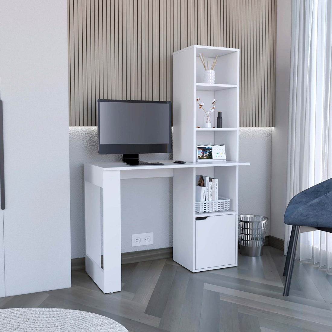 White Writing Computer Desk With Storage Cabinet And Bookcase With 4 Shevels, For Small And Big Spaces. White Particle Board Particle Board