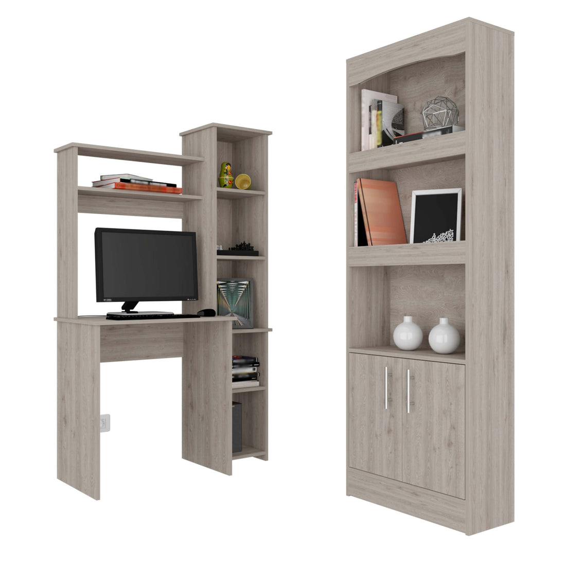 2 Piece Office Set, Dozza Bookcase Aramis Desk, Light Gray Light Gray Particle Board Particle Board