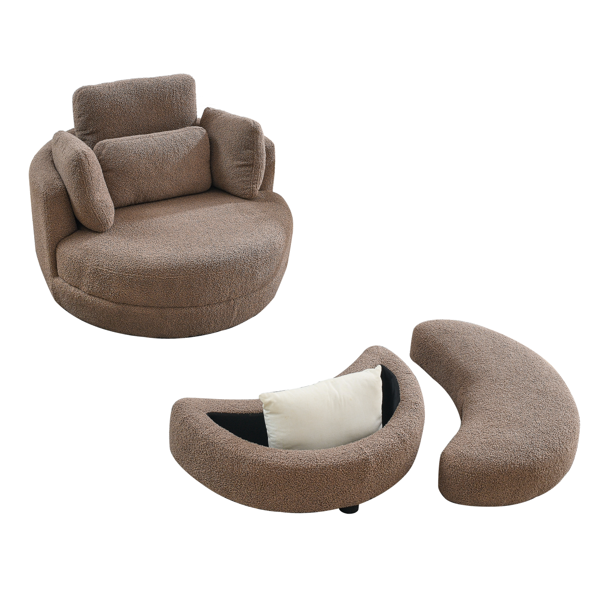 39"W Oversized Swivel Chair With Moon Storage Ottoman For Living Room, Modern Accent Round Loveseat Circle Swivel Barrel Chairs For Bedroom Cuddle Sofa Chair Lounger Armchair, 4 Pillows, Teddy Fabric Coffee Foam Fabric