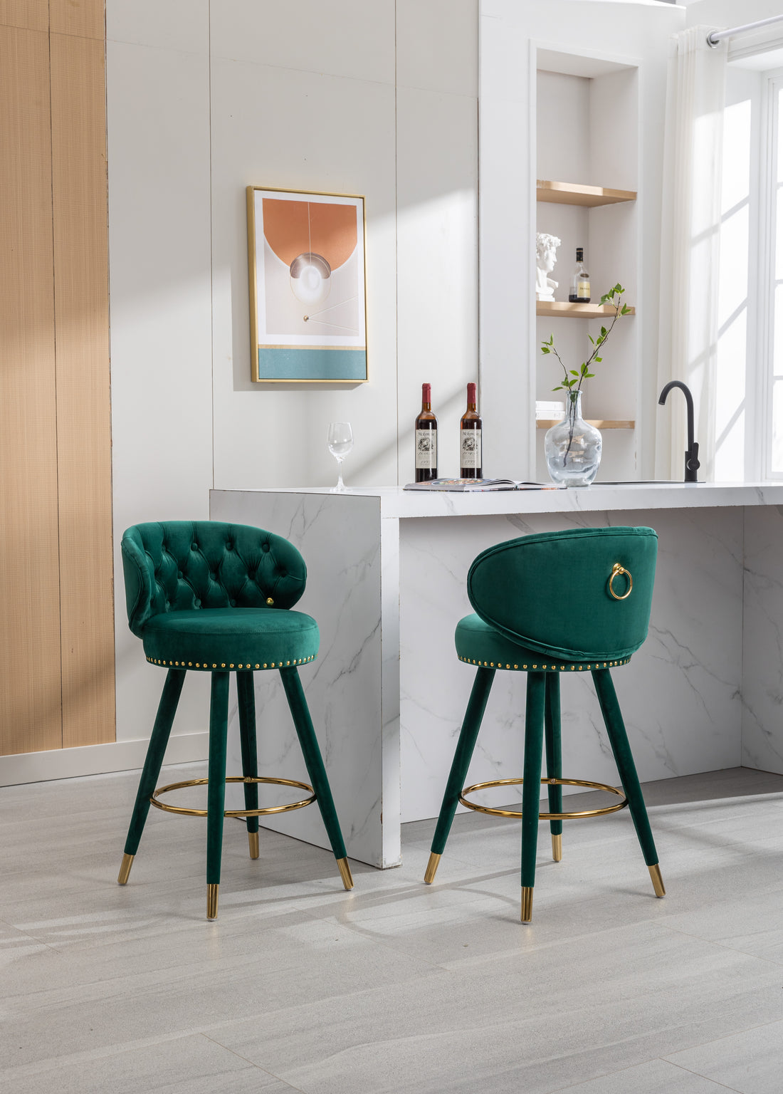 Coolmore Counter Height Bar Stools Set Of 2 For Kitchen Counter Solid Wood Legs With A Fixed Height Of 360 Degrees Emerald Velvet