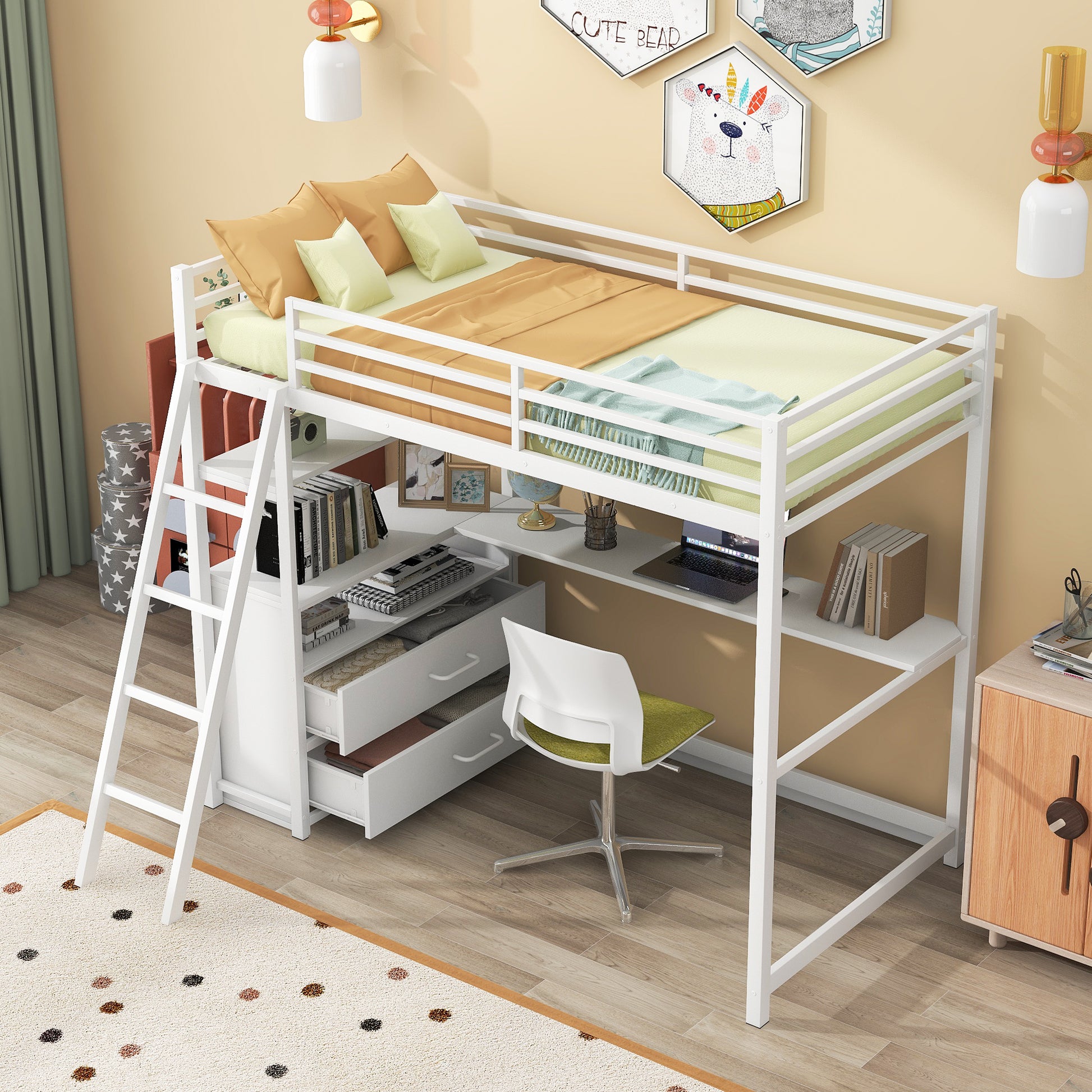 Twin Size Metal&Wood Loft Bed With Desk And Shelves, Two Built In Drawers, White White Metal & Wood