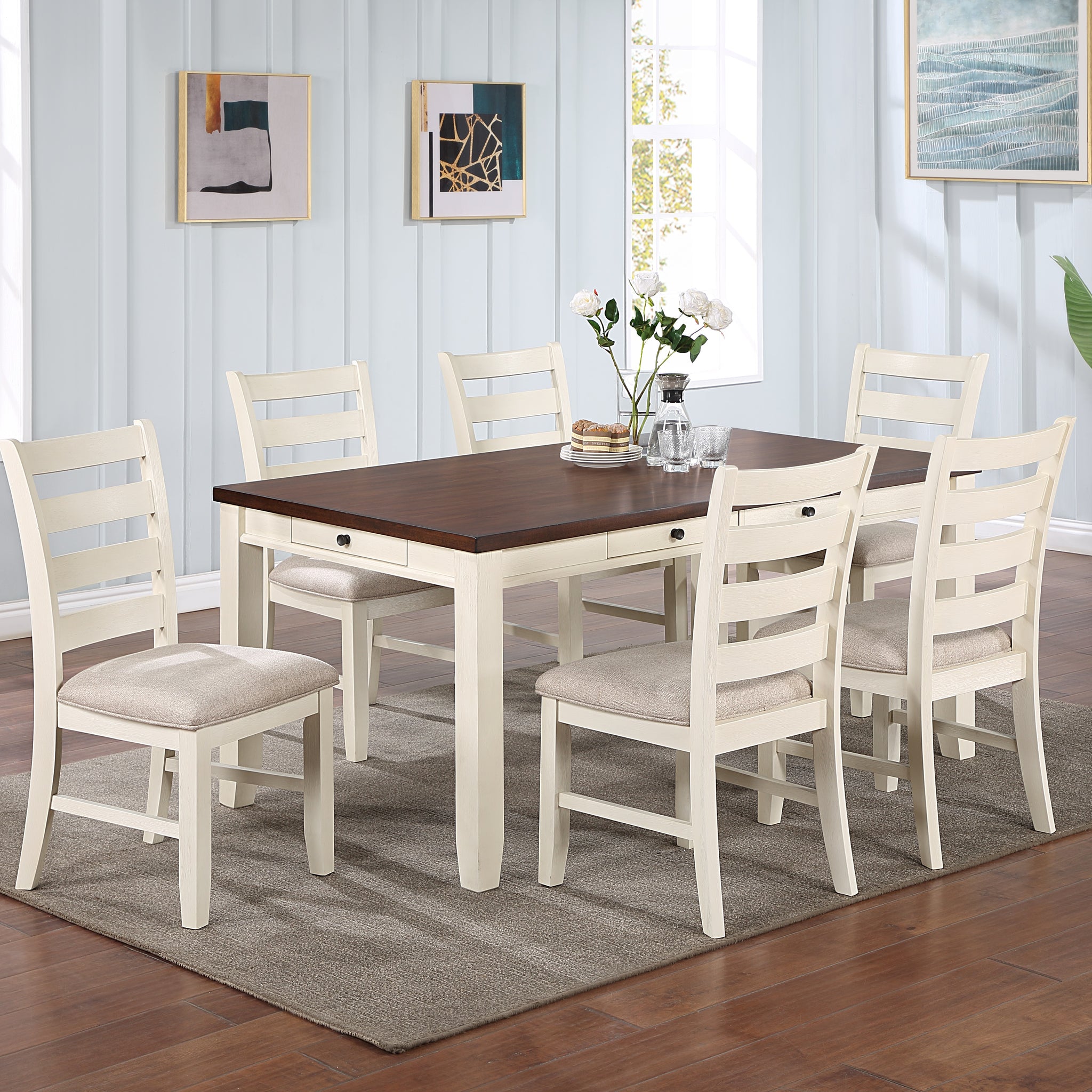 Gorgeous Classic Dining Room Furniture 7Pc Dining Set Dining Table W Drawers 6X Side Chairs White Rubberwood Walnut Acacia Veneer Ladder Back Chair White Wood Dining Room Rubberwood Rectangular Dining Table With Chair Wood Wood White Ladder Back Seats 6