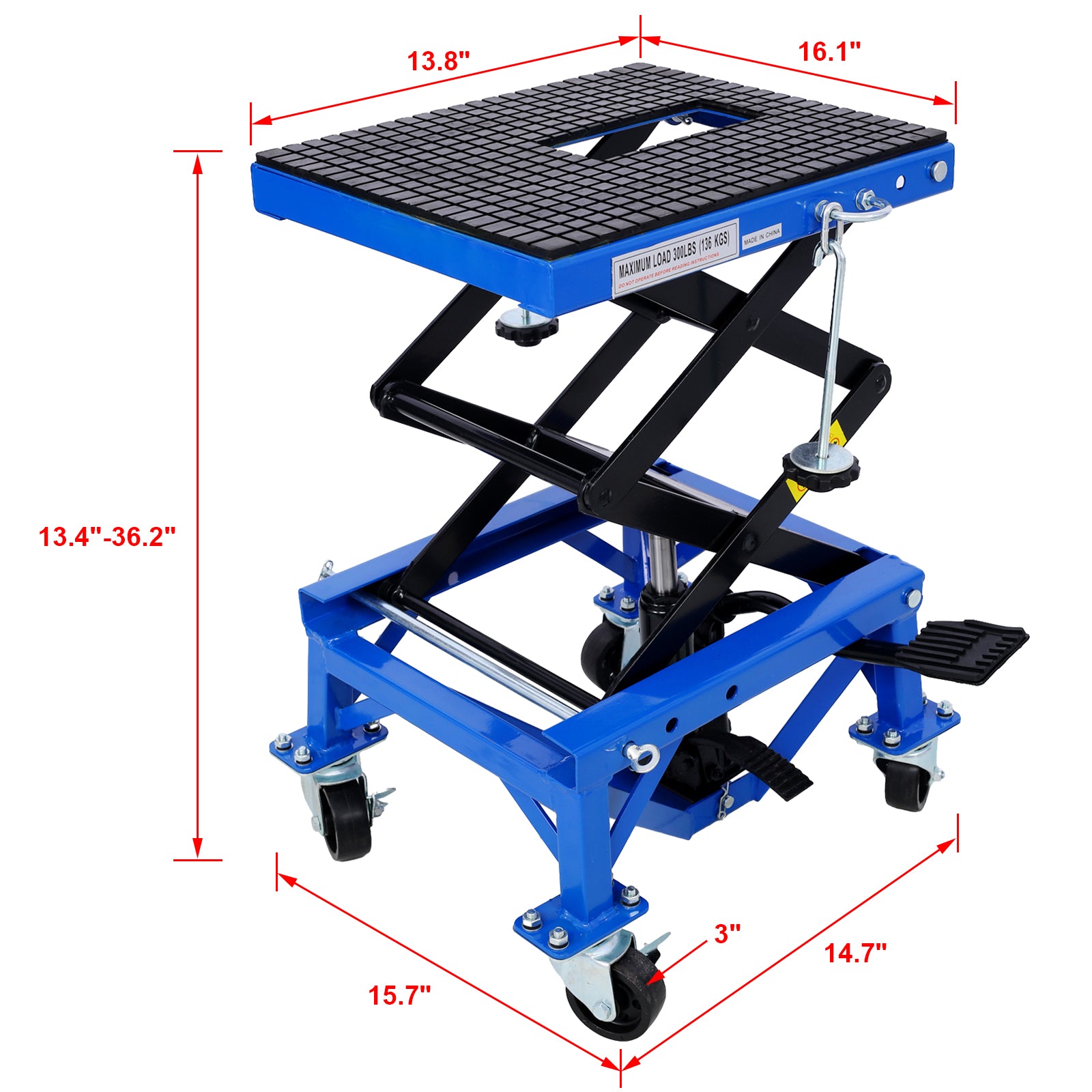 300 Lbs Hydraulic Motorcycle Scissor Jack Lift Foot Step Wheels For Small Dirt Bikes,Blue Color Blue Steel