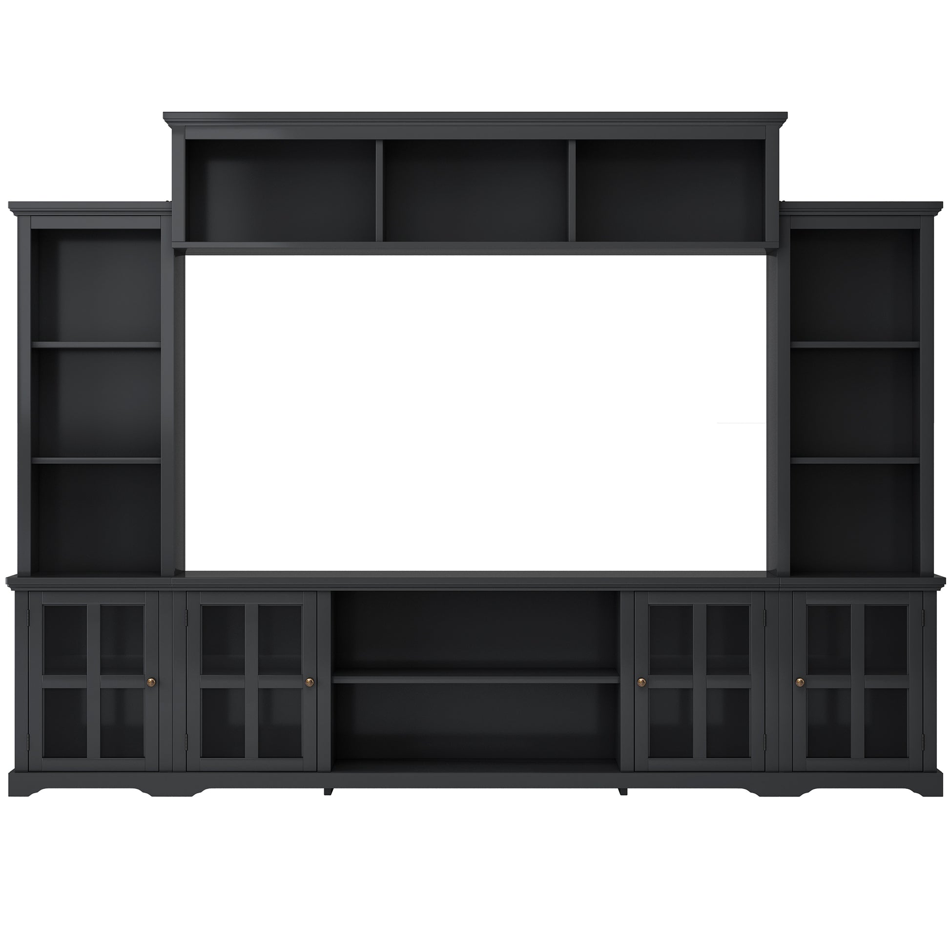 Minimalism Entertainment Wall Unit With Bridge, Modern Tv Console Table For Tvs Up To 70", Multifunctional Tv Stand With Tempered Glass Door, Black Old Sku: Sd000009Aab Black 70 79 Inches Particle Board