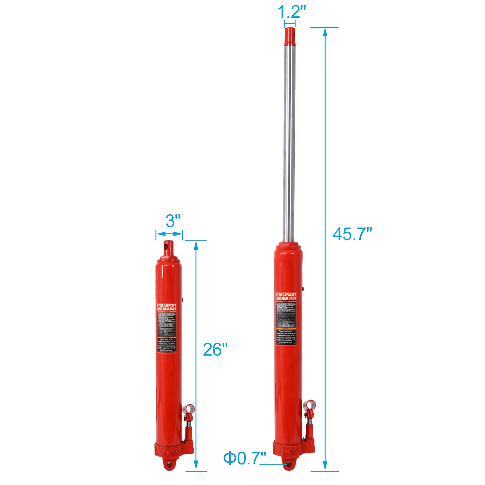 Hydraulic Long Ram Jack With Single Piston Pump And Clevis Base Fits:
