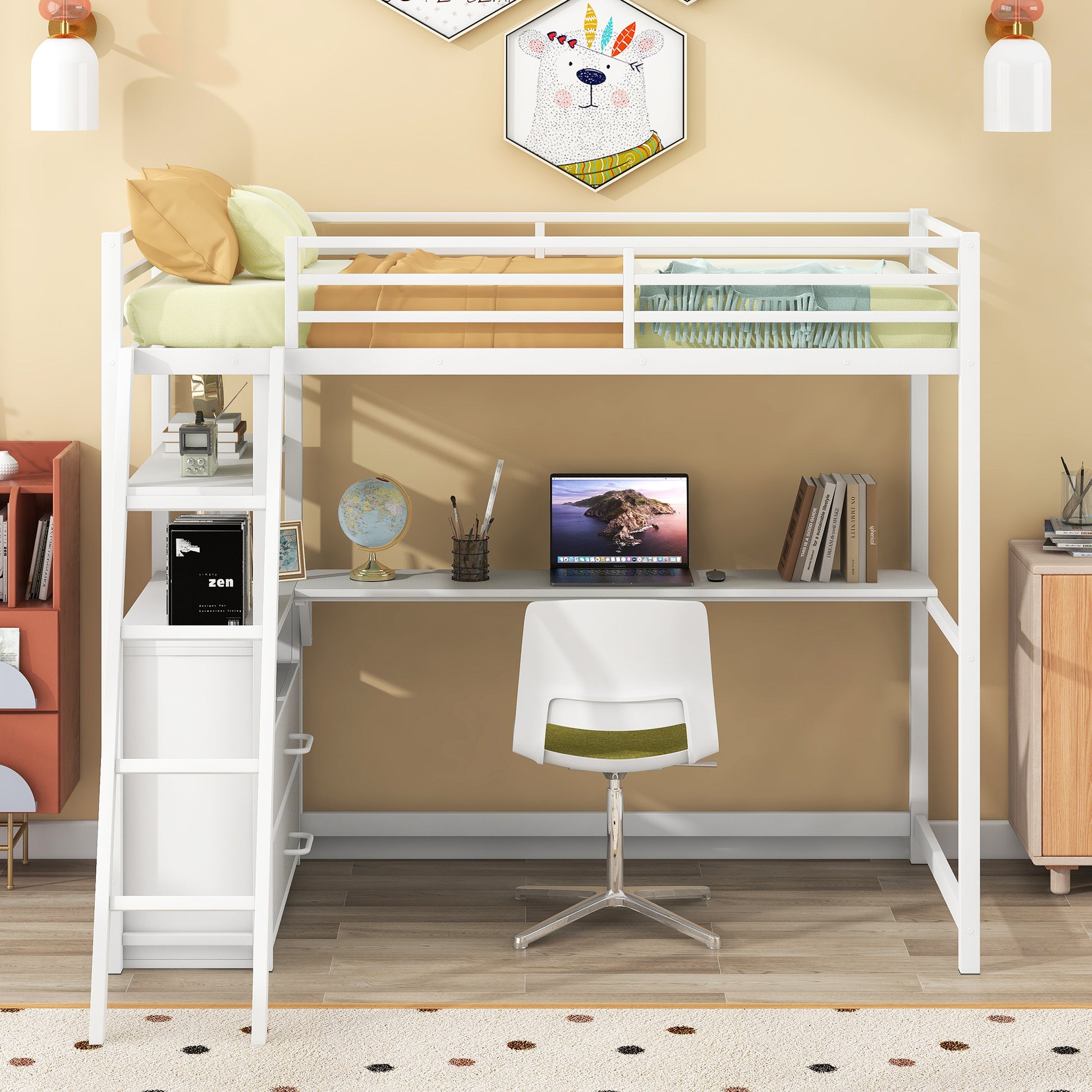 Twin Size Metal&Wood Loft Bed With Desk And Shelves, Two Built In Drawers, White White Metal & Wood