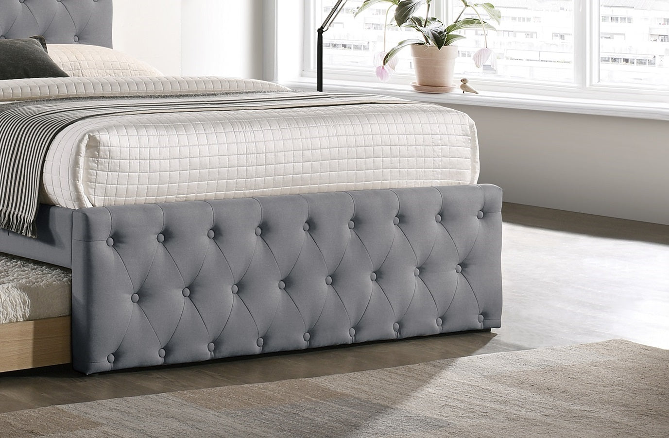 Contemporary Full Size Bed W Trundle Slats Light Grey Burlap Upholstered Button Tufted Headboard Footboard Youth Bedroom Furniture Wooden Slats 1Pc Bed Light Gray Bedroom Contemporary,Modern,Transitional Mdf Particle Board