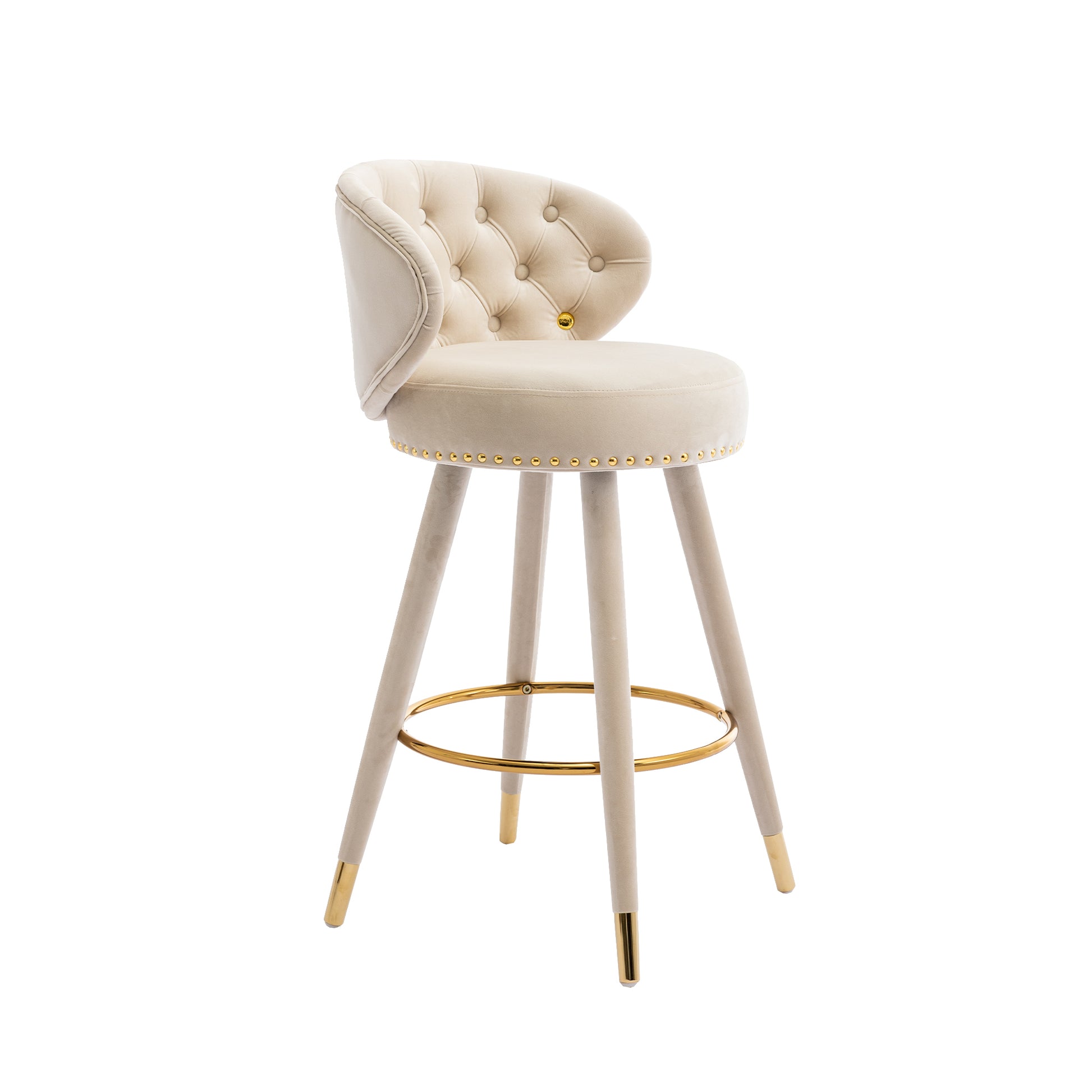 Coolmore Counter Height Bar Stools Set Of 2 For Kitchen Counter Solid Wood Legs With A Fixed Height Of 360 Degrees Beige Velvet