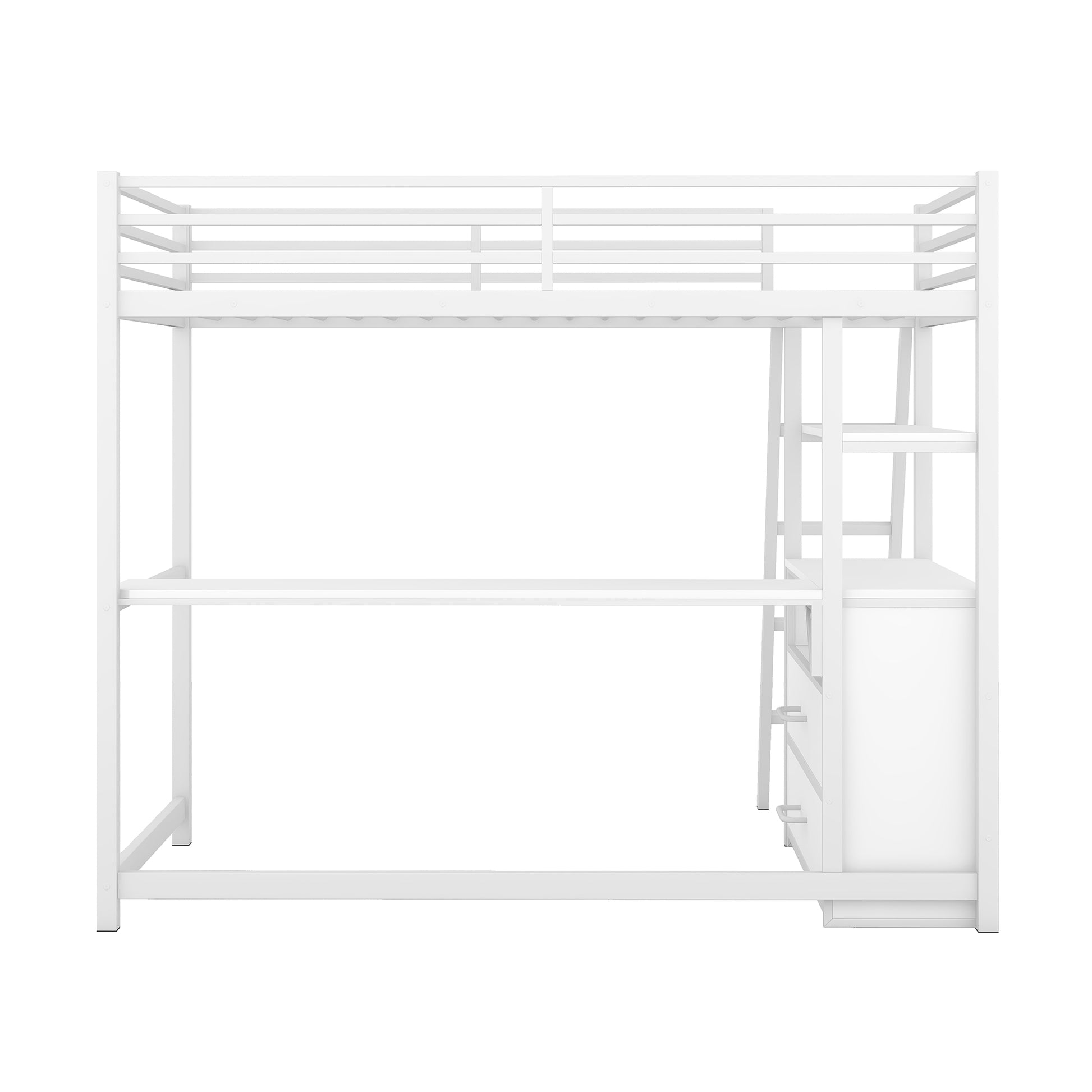 Twin Size Metal&Wood Loft Bed With Desk And Shelves, Two Built In Drawers, White White Metal & Wood