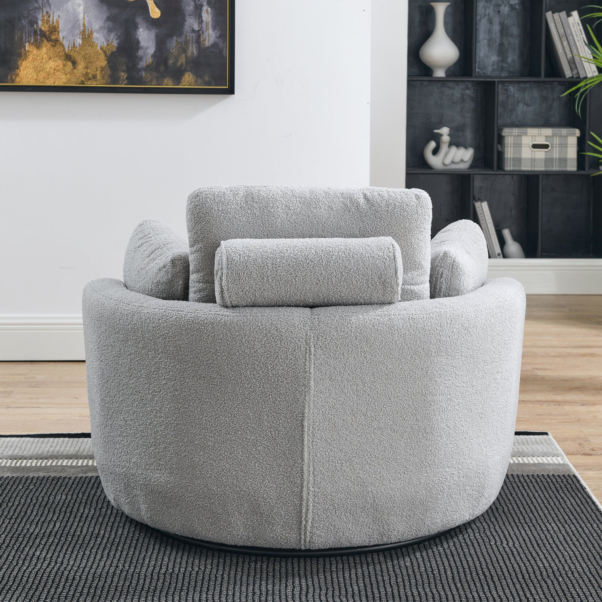 39"W Oversized Swivel Chair With Moon Storage Ottoman For Living Room, Modern Accent Round Loveseat Circle Swivel Barrel Chairs For Bedroom Cuddle Sofa Chair Lounger Armchair, 4 Pillows, Teddy Fabric Grey Teddy Foam Fabric
