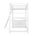 Twin Size Metal&Wood Loft Bed With Desk And Shelves, Two Built In Drawers, White White Metal & Wood