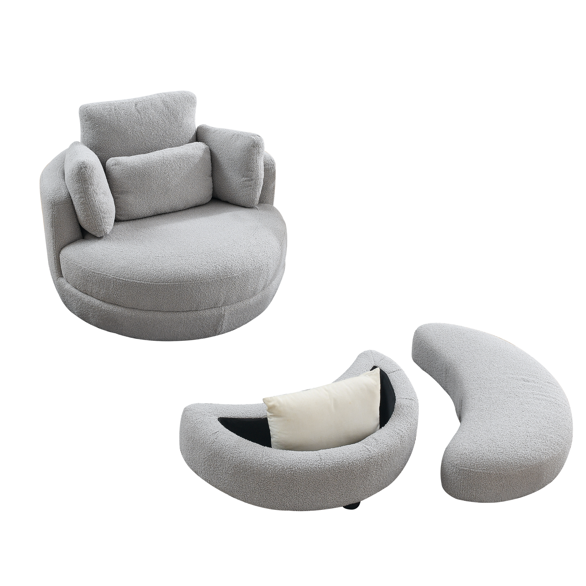39"W Oversized Swivel Chair With Moon Storage Ottoman For Living Room, Modern Accent Round Loveseat Circle Swivel Barrel Chairs For Bedroom Cuddle Sofa Chair Lounger Armchair, 4 Pillows, Teddy Fabric Grey Teddy Foam Fabric