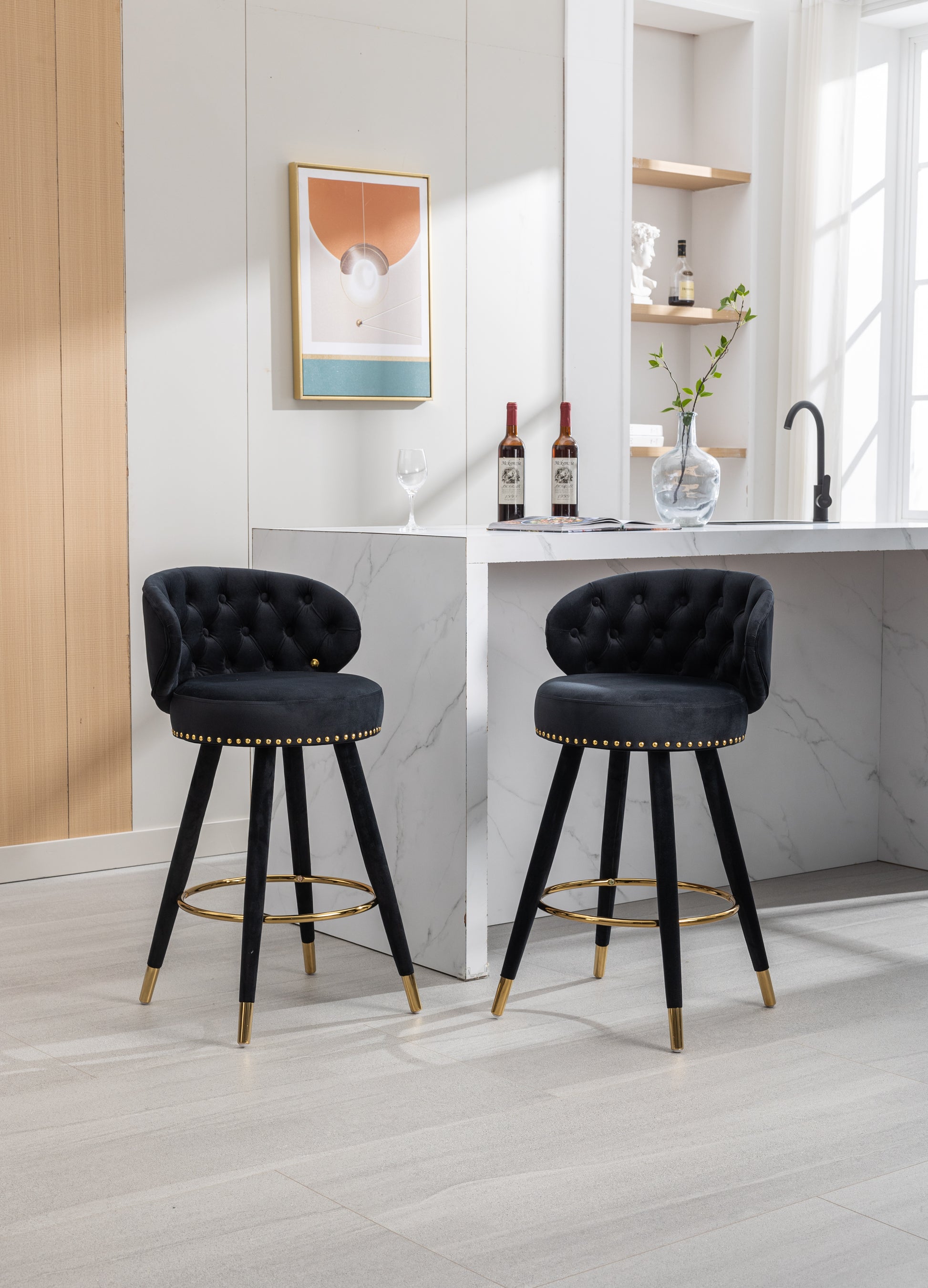Coolmore Counter Height Bar Stools Set Of 2 For Kitchen Counter Solid Wood Legs With A Fixed Height Of 360 Degrees Black Velvet