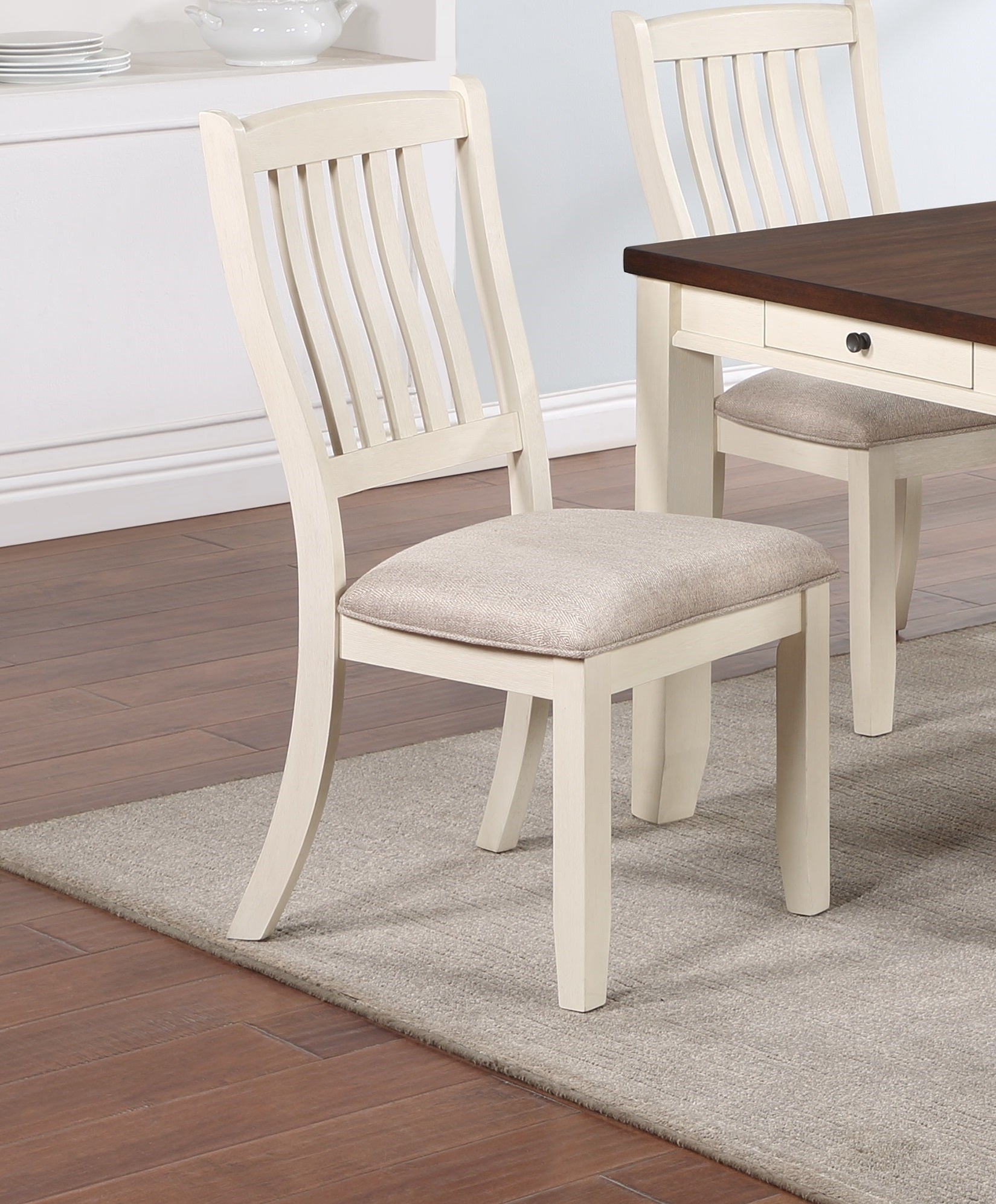 White Classic 2Pcs Dining Chairs Set Rubberwood Beige Fabric Cushion Seats Slats Backs Dining Room Furniture Side Chair White Dining Room Foam Classic,Contemporary,Modern,Transitional Dining Chairs Rubberwood Slat Back Solid Wood