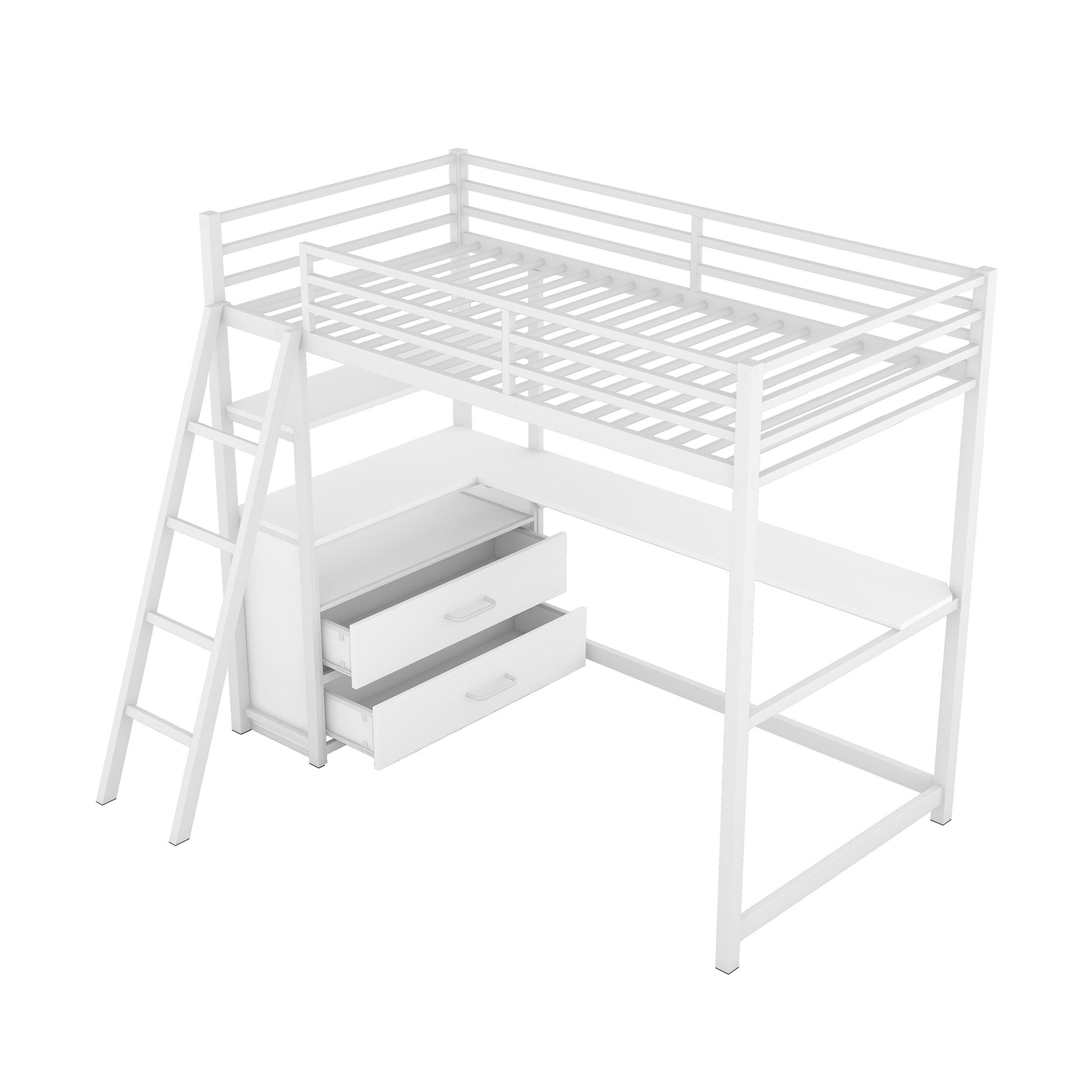 Twin Size Metal&Wood Loft Bed With Desk And Shelves, Two Built In Drawers, White White Metal & Wood