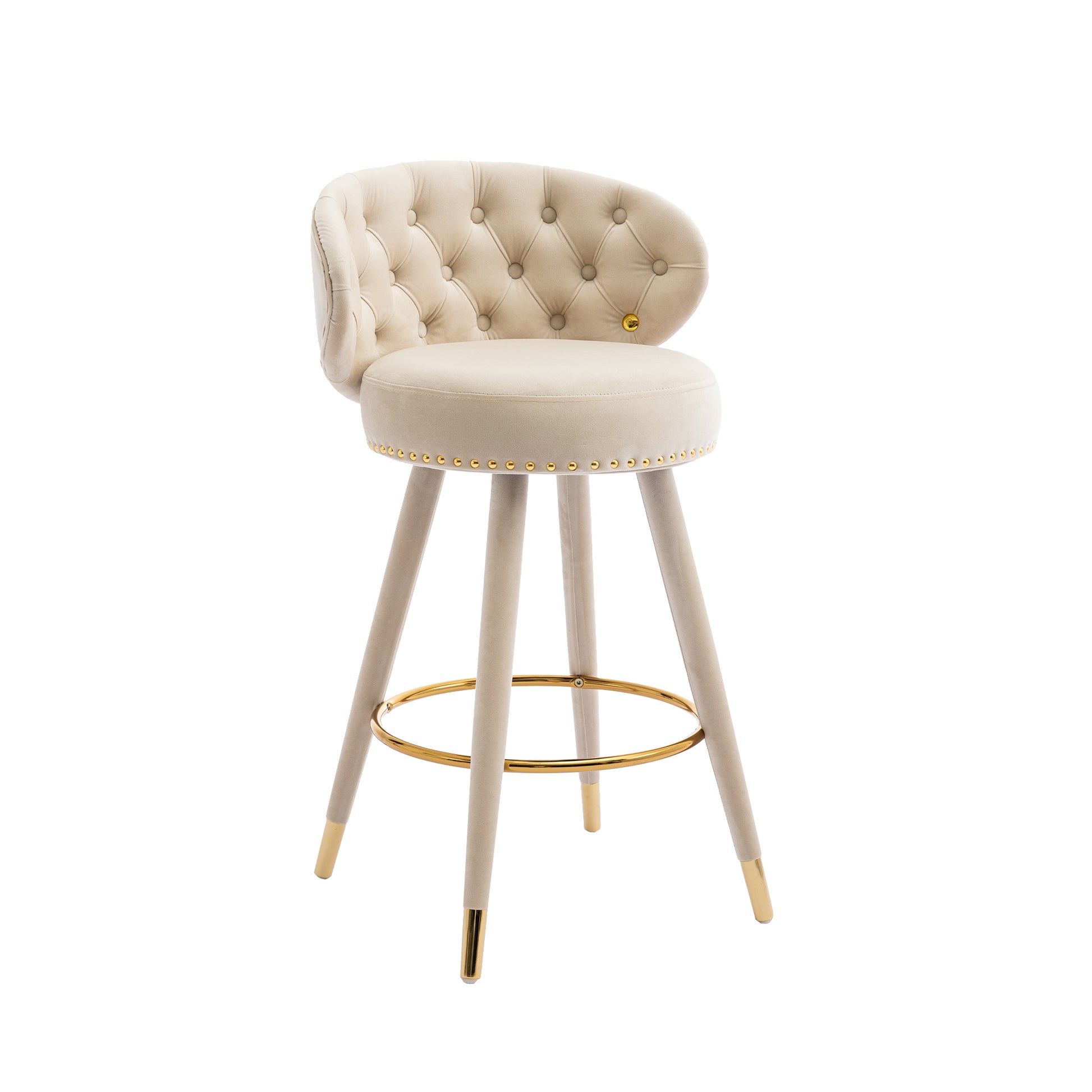 Coolmore Counter Height Bar Stools Set Of 2 For Kitchen Counter Solid Wood Legs With A Fixed Height Of 360 Degrees Beige Velvet