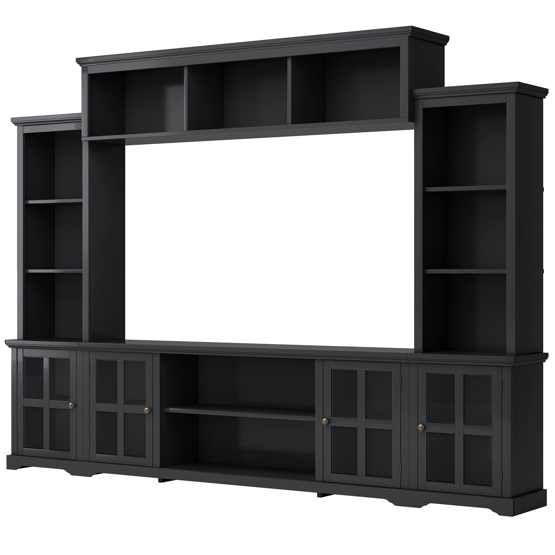 Minimalism Entertainment Wall Unit With Bridge, Modern Tv Console Table For Tvs Up To 70", Multifunctional Tv Stand With Tempered Glass Door, Black Old Sku: Sd000009Aab Black 70 79 Inches Particle Board