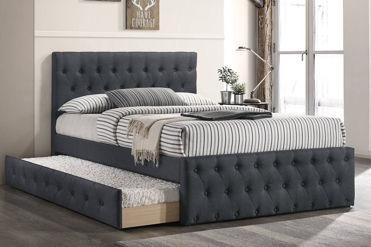 Contemporary Twin Size Bed W Trundle Slats Charcoal Burlap Upholstered Button Tufted Headboard Footboard Youth Bedroom Furniture Wooden Slats 1Pc Bed Charcoal Grey Bedroom Contemporary,Modern,Transitional Mdf Particle Board