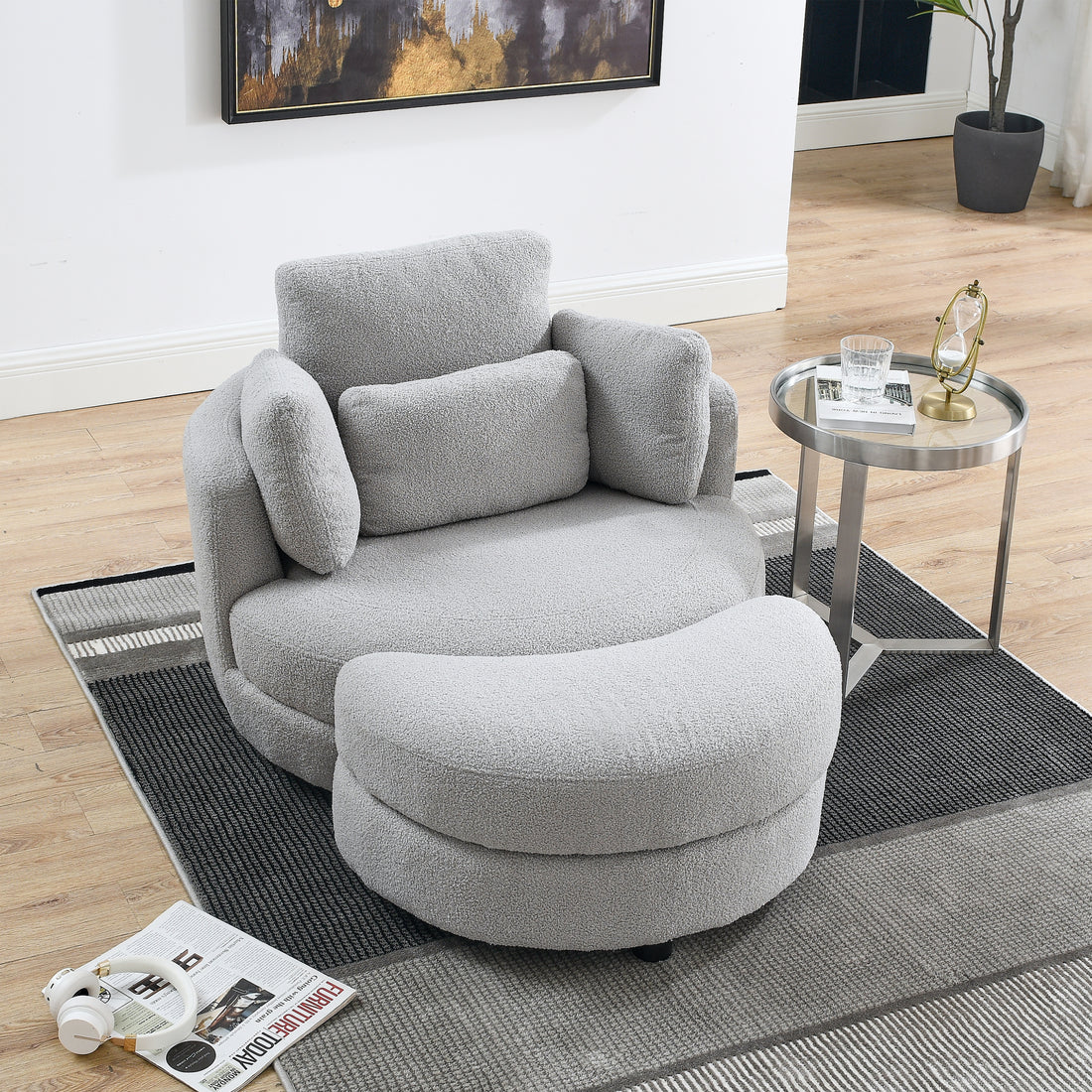 39"W Oversized Swivel Chair With Moon Storage Ottoman For Living Room, Modern Accent Round Loveseat Circle Swivel Barrel Chairs For Bedroom Cuddle Sofa Chair Lounger Armchair, 4 Pillows, Teddy Fabric Grey Teddy Foam Fabric