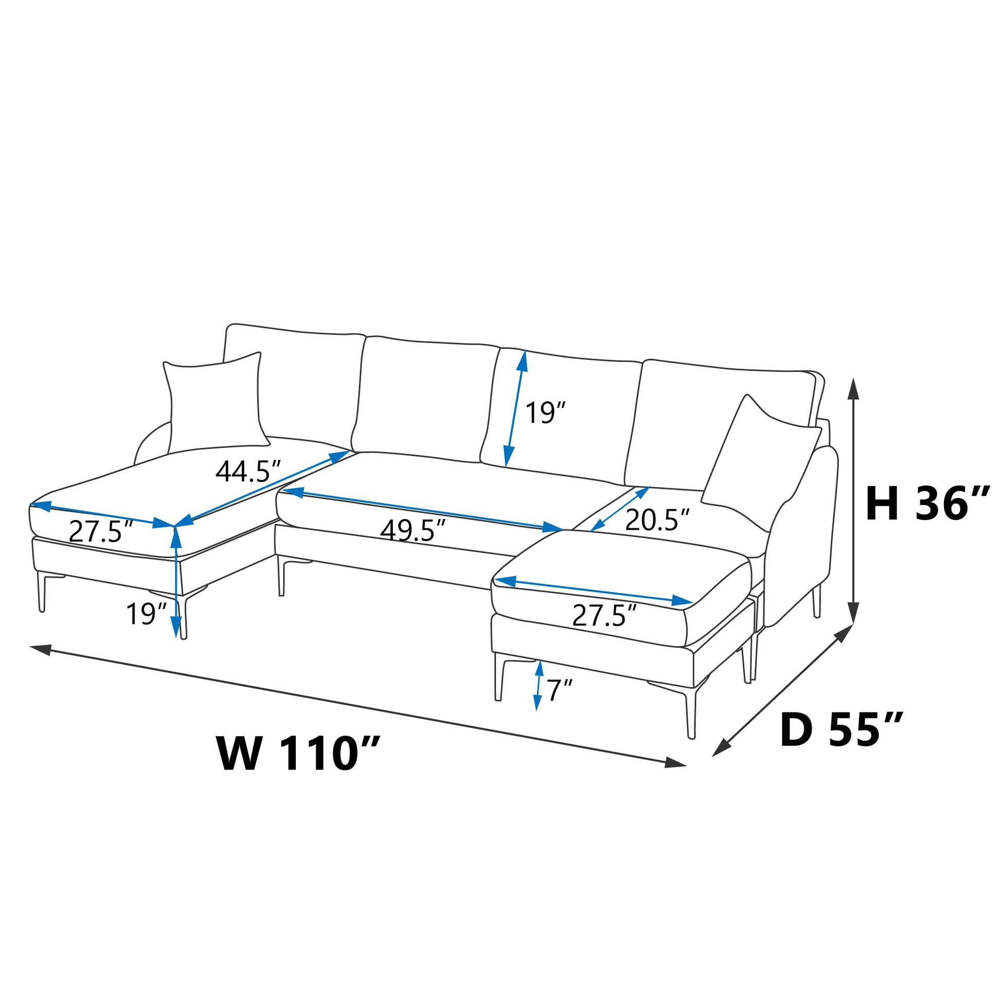 110'' Wide Reversible Left Or Right Chaise Of Sectional Sofa U Shape Convertible Sofa Couch 4 Seat Couch With Chaise Lounge Upholstered For Living Room, Apartment, Office, Charcoal Polyester Blend Charcoal Grey Luxury Foam Polyester