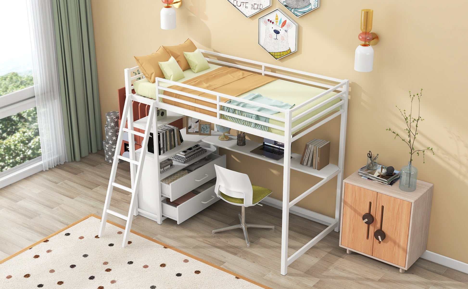 Twin Size Metal&Wood Loft Bed With Desk And Shelves, Two Built In Drawers, White White Metal & Wood