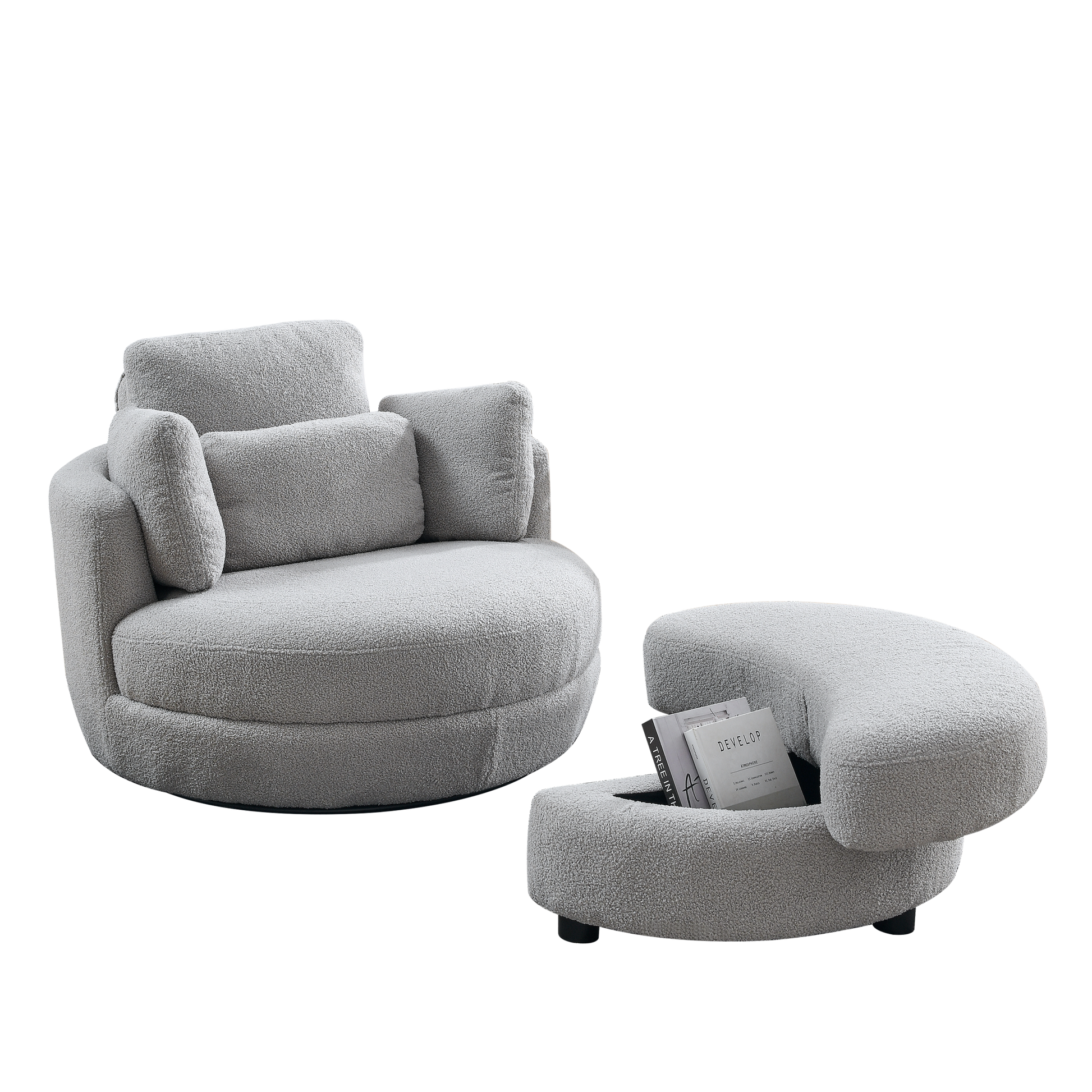 39"W Oversized Swivel Chair With Moon Storage Ottoman For Living Room, Modern Accent Round Loveseat Circle Swivel Barrel Chairs For Bedroom Cuddle Sofa Chair Lounger Armchair, 4 Pillows, Teddy Fabric Grey Teddy Foam Fabric