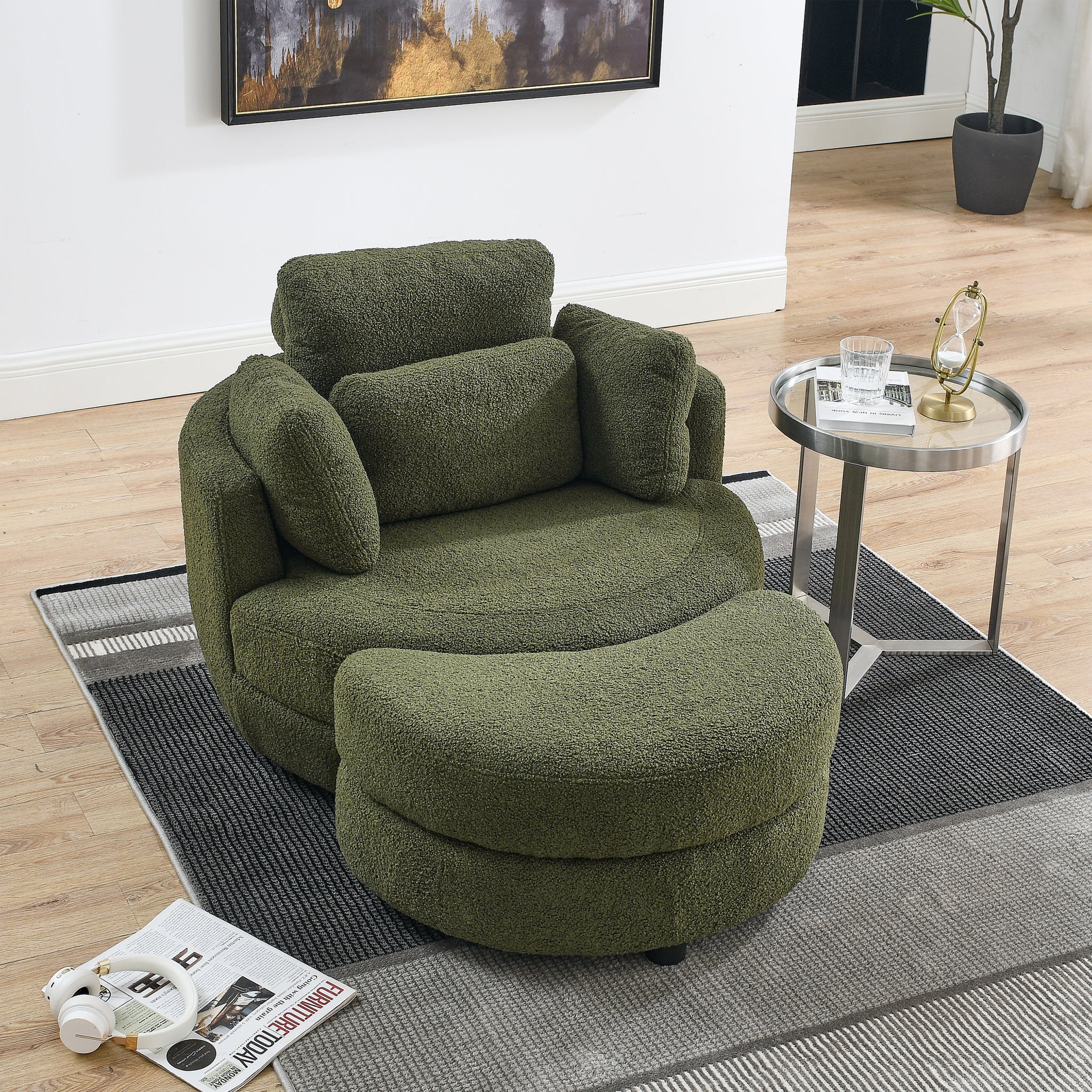 39"W Oversized Swivel Chair with moon storage ottoman green-foam-fabric