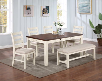 Luxury Look Dining Room Furniture 6Pc Dining Set Dining Table W Drawers 4X Side Chairs 1X Bench White Rubberwood Walnut Acacia Veneer Ladder Back Chair White Wood Dining Room Bench Seating Rubberwood Rectangular Dining Table With Chair And Bench Wood
