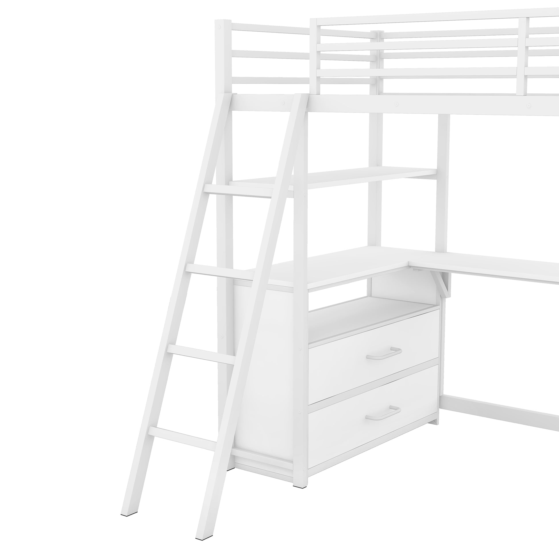 Twin Size Metal&Wood Loft Bed With Desk And Shelves, Two Built In Drawers, White White Metal & Wood