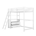 Twin Size Metal&Wood Loft Bed With Desk And Shelves, Two Built In Drawers, White White Metal & Wood