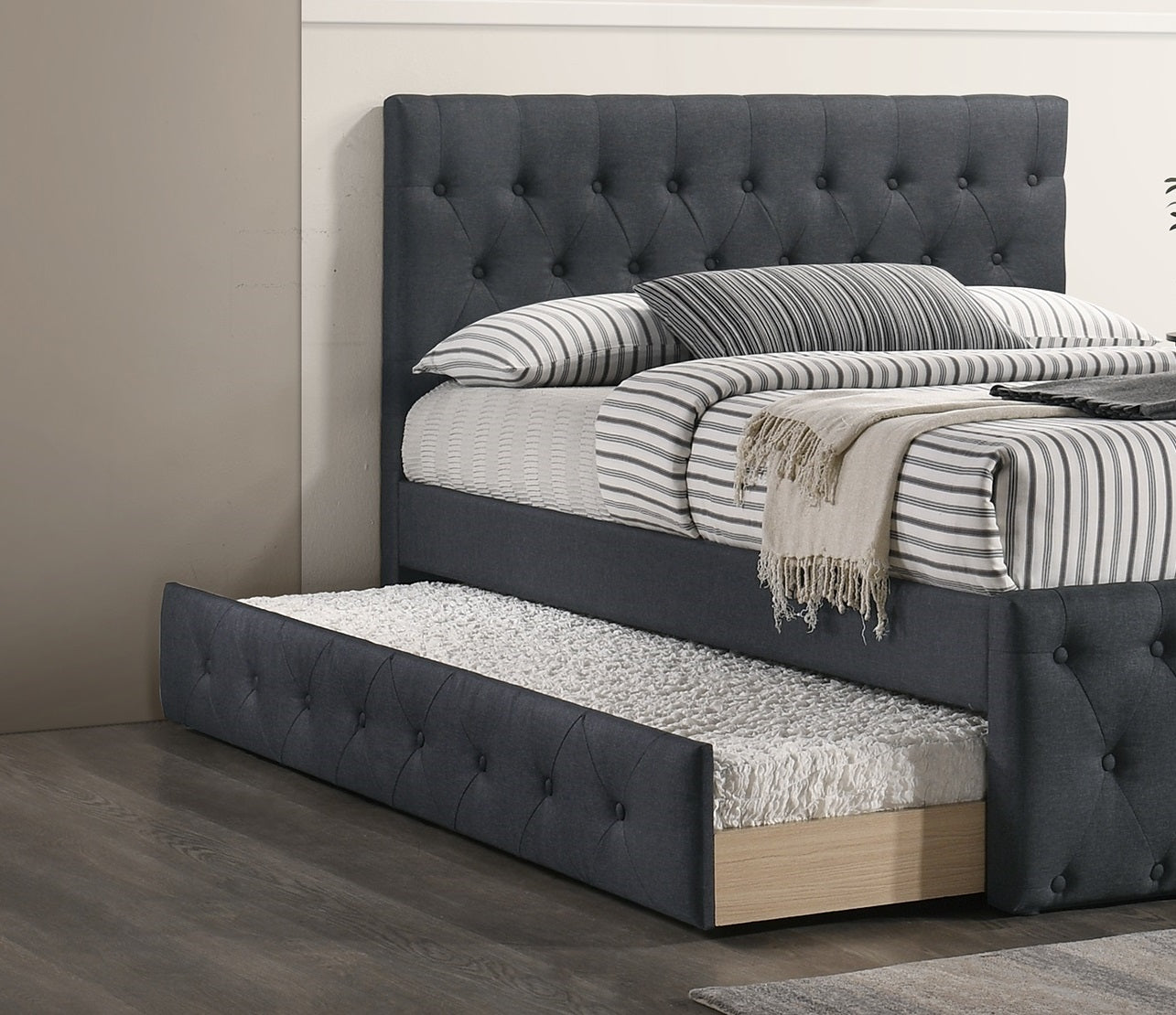 Contemporary Full Size Bed W Trundle Slats Charcoal Burlap Upholstered Button Tufted Headboard Footboard Youth Bedroom Furniture Wooden Slats 1Pc Bed Charcoal Grey Bedroom Contemporary,Modern,Transitional Mdf Particle Board