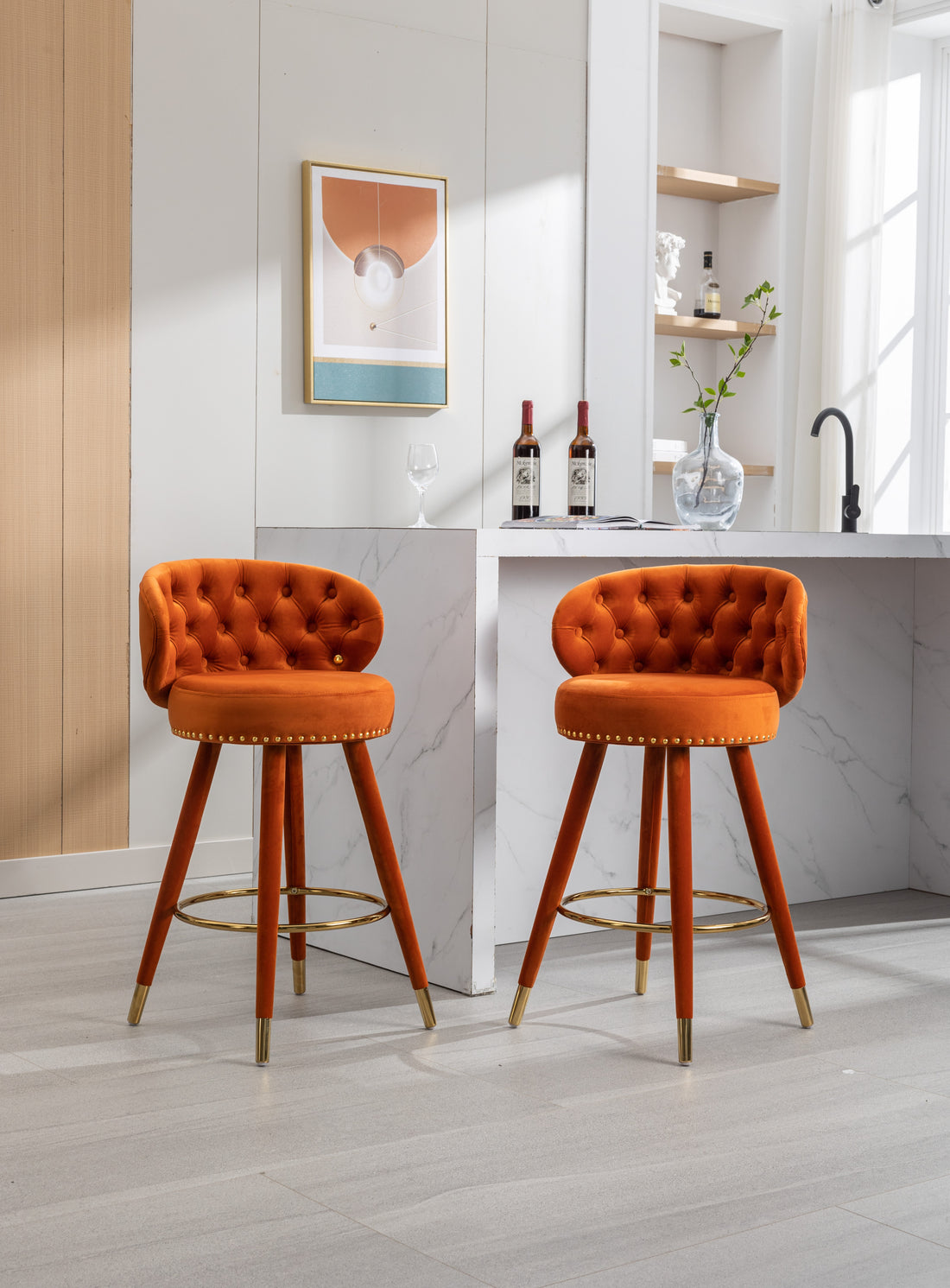 Coolmore Counter Height Bar Stools Set Of 2 For Kitchen Counter Solid Wood Legs With A Fixed Height Of 360 Degrees Orange Velvet