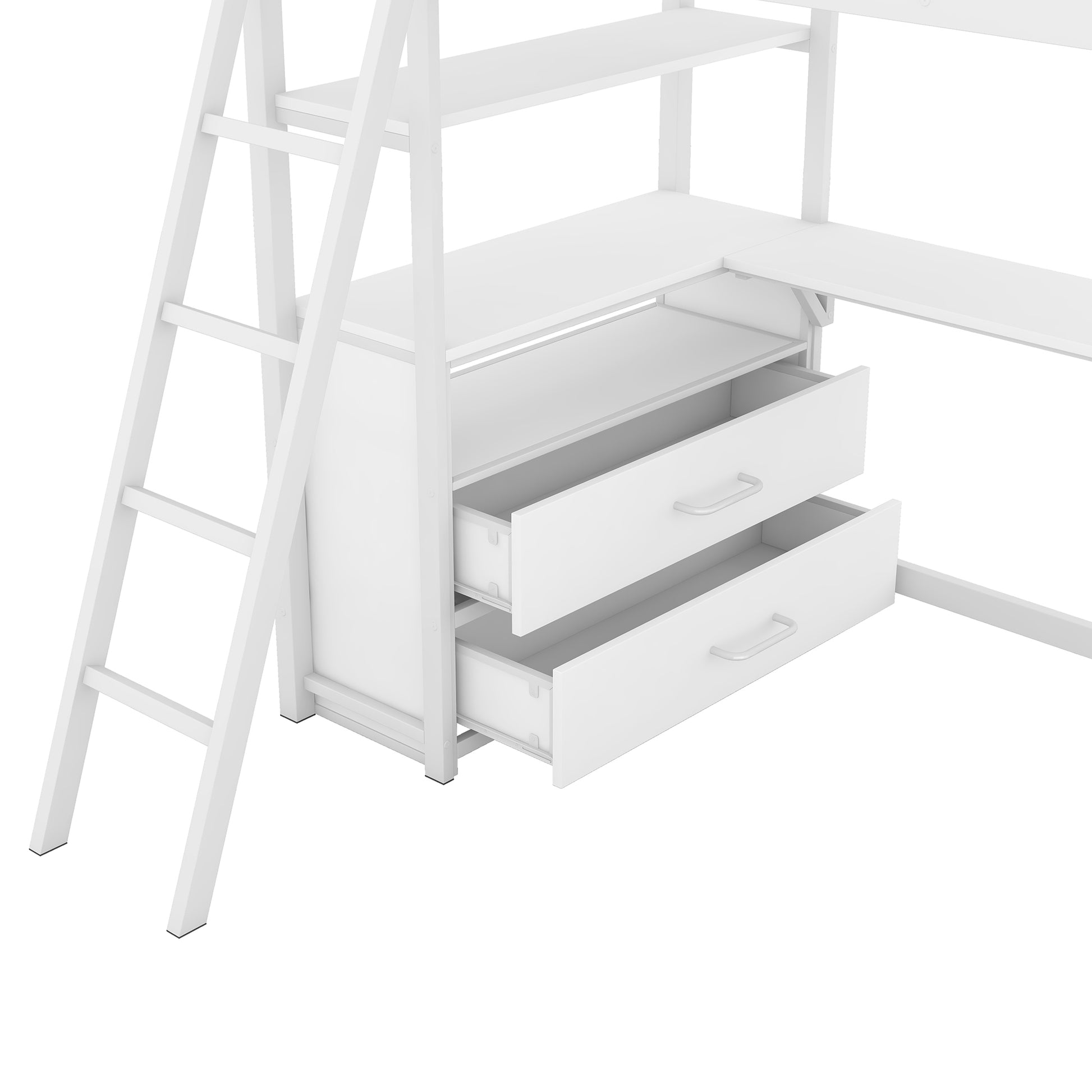 Twin Size Metal&Wood Loft Bed With Desk And Shelves, Two Built In Drawers, White White Metal & Wood