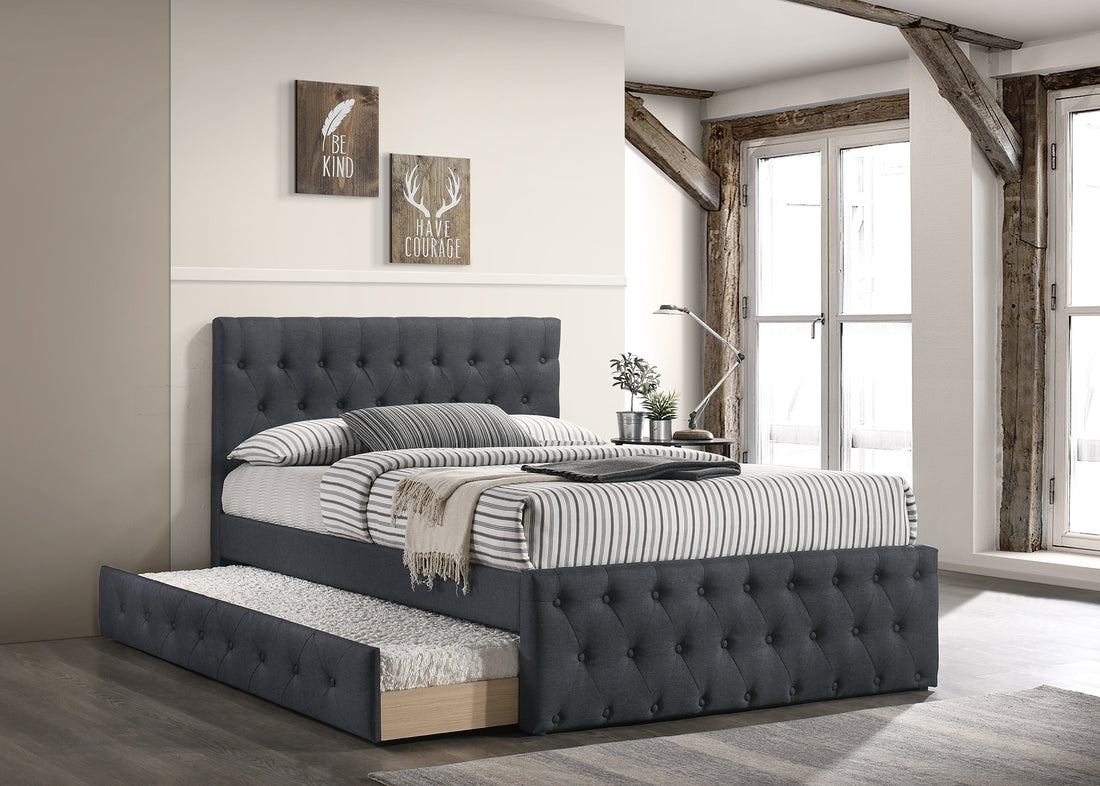 Contemporary Twin Size Bed W Trundle Slats Charcoal Burlap Upholstered Button Tufted Headboard Footboard Youth Bedroom Furniture Wooden Slats 1Pc Bed Charcoal Grey Bedroom Contemporary,Modern,Transitional Mdf Particle Board