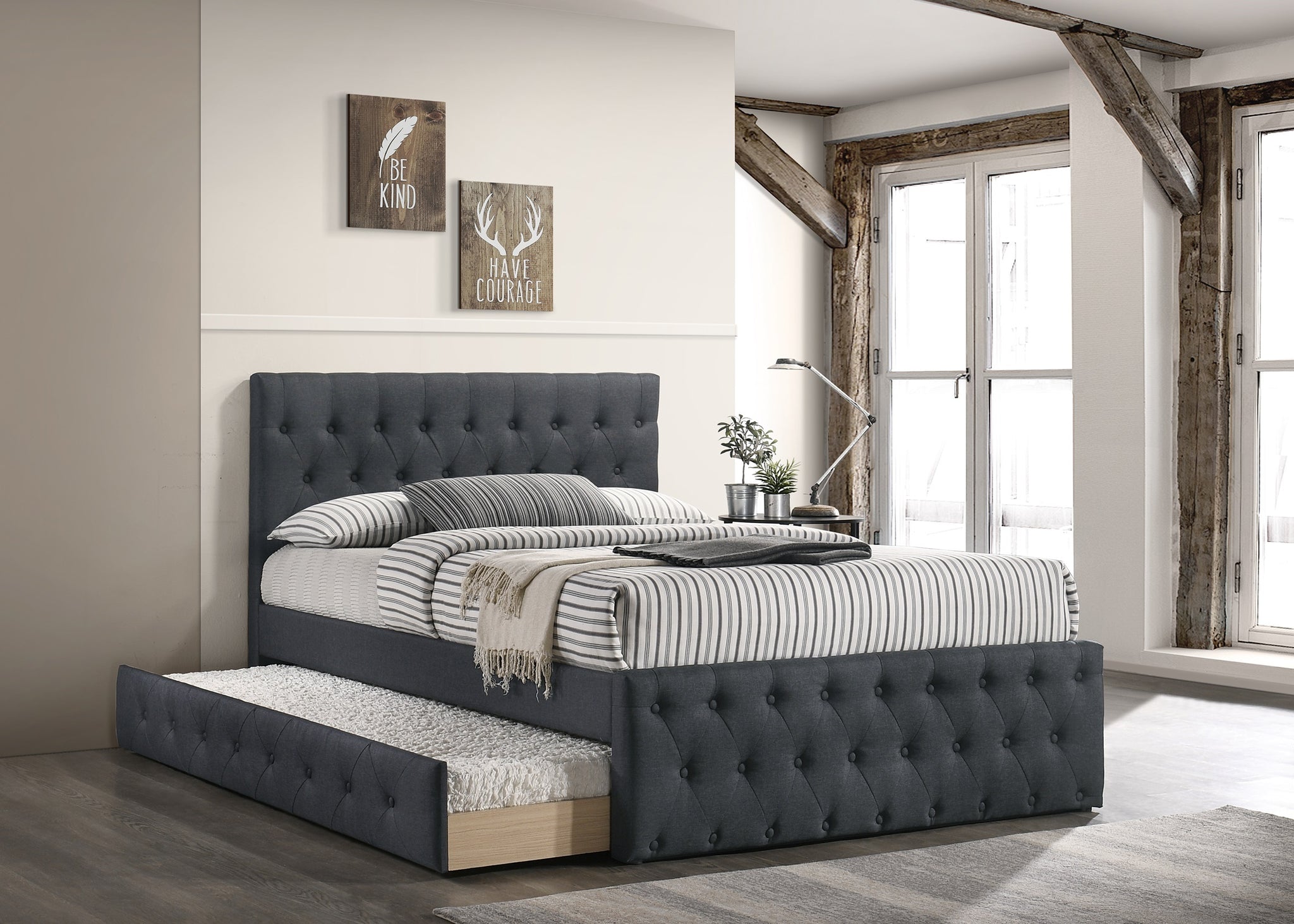 Contemporary Twin Size Bed w Trundle Slats Charcoal charcoal