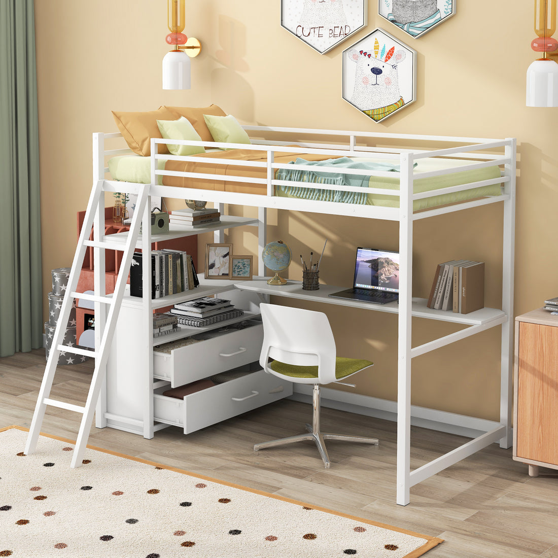 Twin Size Metal&Wood Loft Bed With Desk And Shelves, Two Built In Drawers, White White Metal & Wood