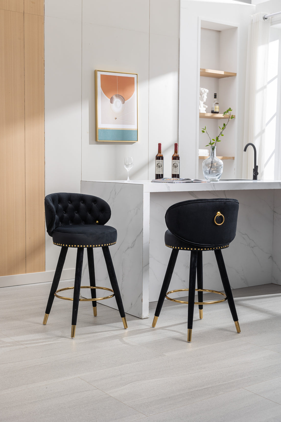 Coolmore Counter Height Bar Stools Set Of 2 For Kitchen Counter Solid Wood Legs With A Fixed Height Of 360 Degrees Black Velvet