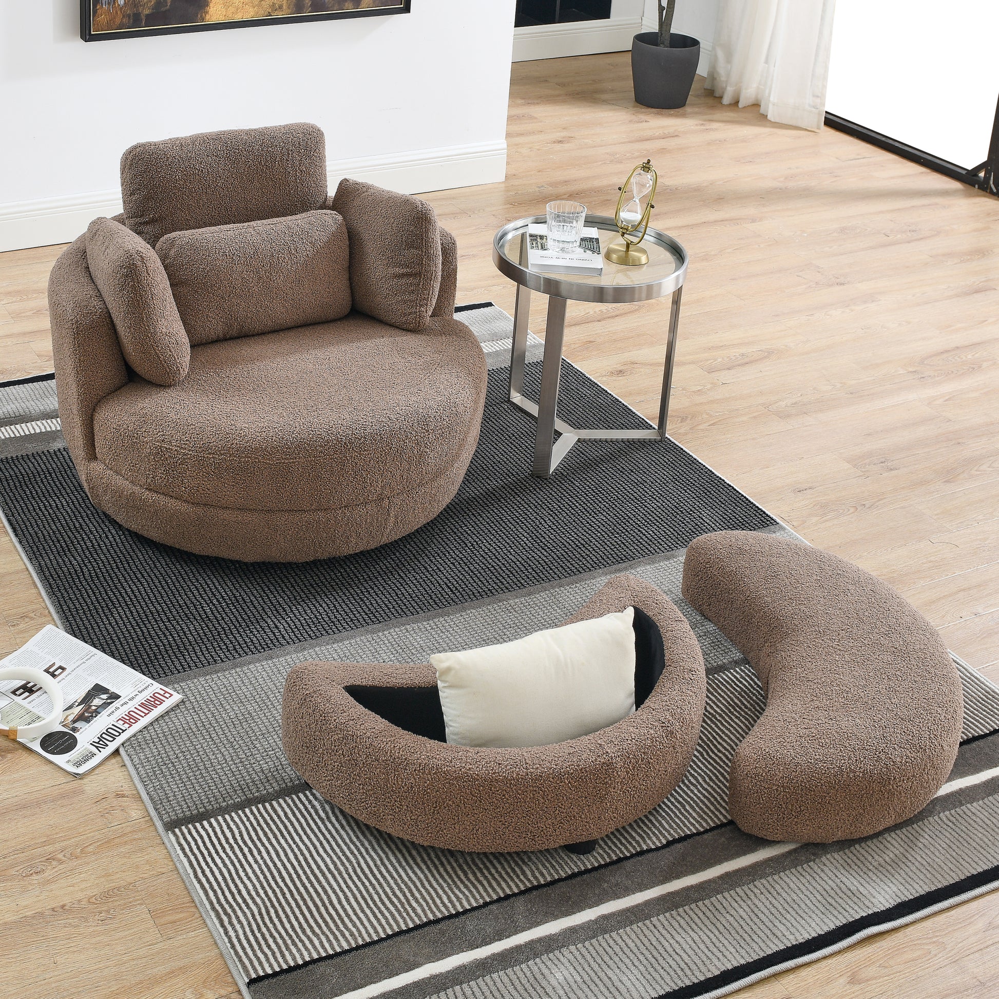 39"W Oversized Swivel Chair With Moon Storage Ottoman For Living Room, Modern Accent Round Loveseat Circle Swivel Barrel Chairs For Bedroom Cuddle Sofa Chair Lounger Armchair, 4 Pillows, Teddy Fabric Coffee Foam Fabric