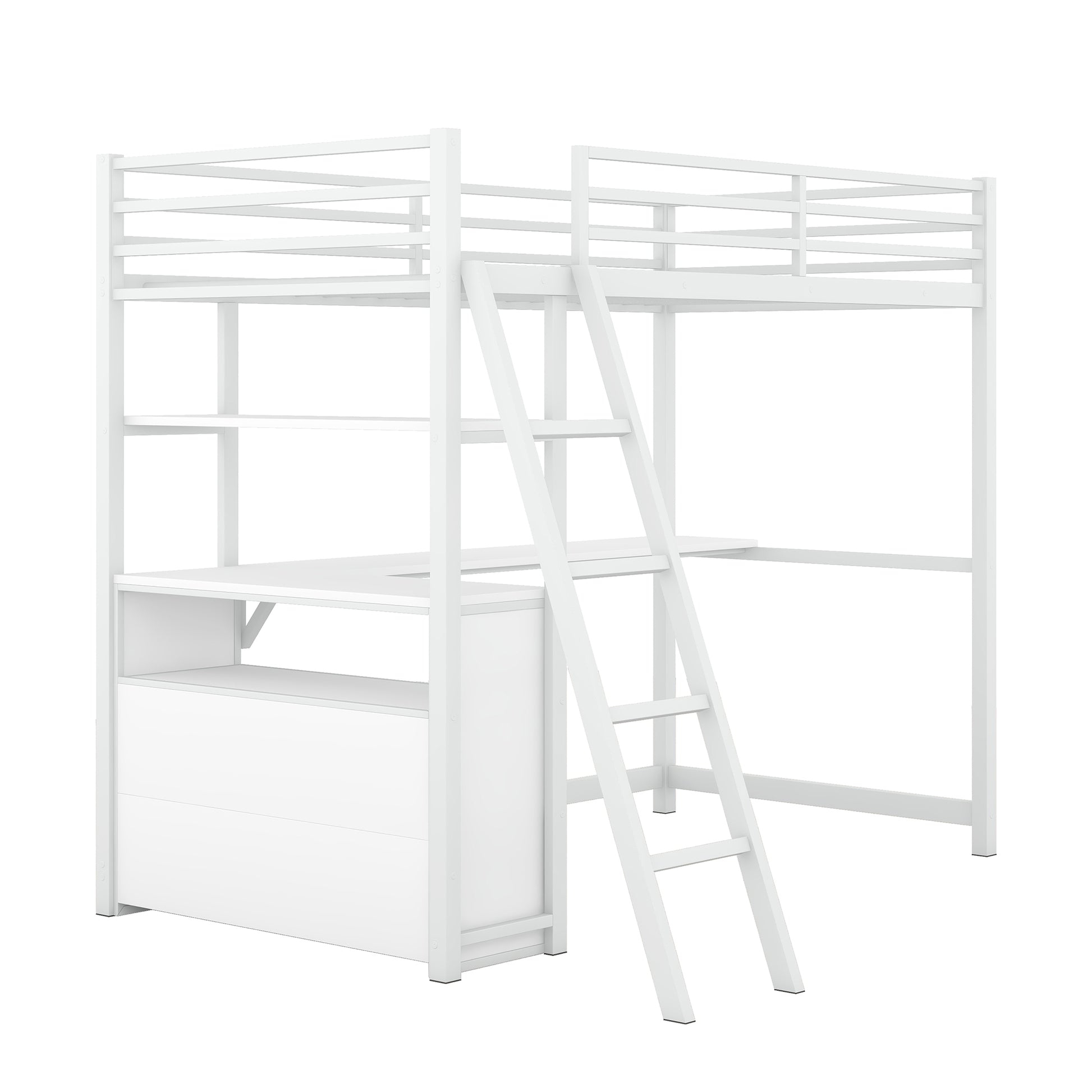 Twin Size Metal&Wood Loft Bed With Desk And Shelves, Two Built In Drawers, White White Metal & Wood