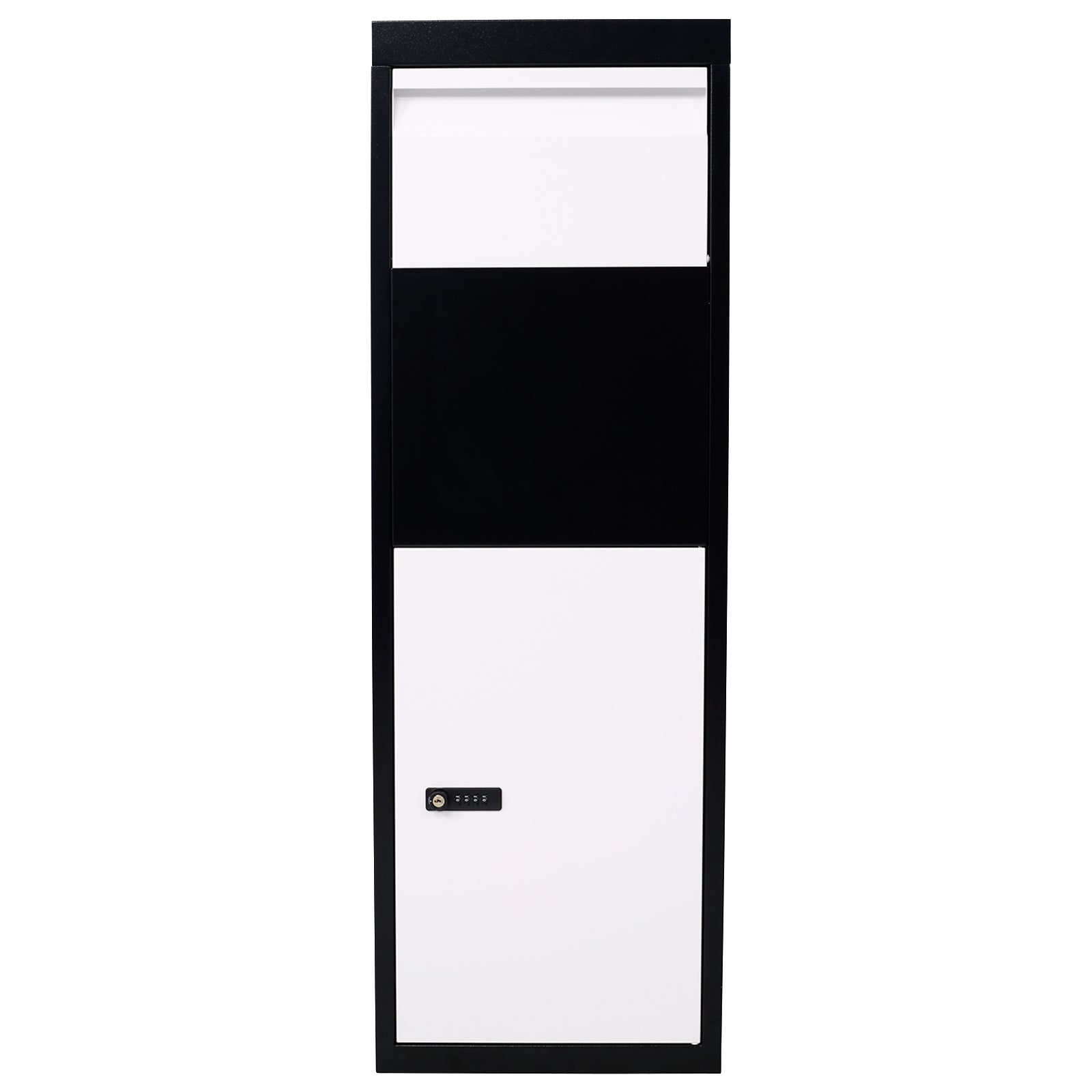 Package Delivery Box, 14'' X 11.3'' X 42'', Galvanized Steel Parcel Mailbox W Code Lock & Mounting Hardware, For Outdoor Porch, Curbside, Black And White White Black Steel