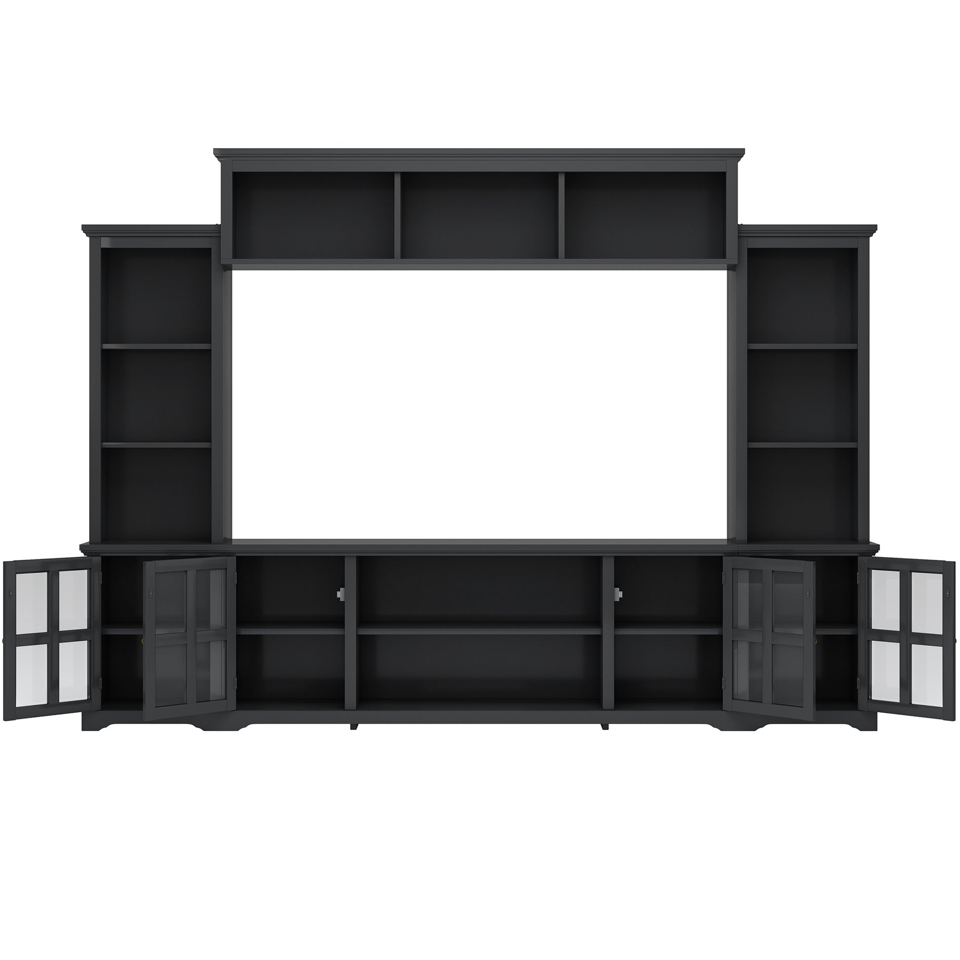 Minimalism Entertainment Wall Unit With Bridge, Modern Tv Console Table For Tvs Up To 70", Multifunctional Tv Stand With Tempered Glass Door, Black Old Sku: Sd000009Aab Black 70 79 Inches Particle Board