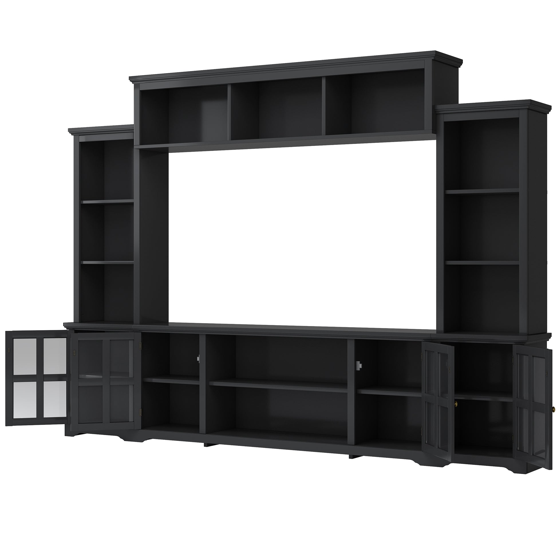 Minimalism Entertainment Wall Unit With Bridge, Modern Tv Console Table For Tvs Up To 70", Multifunctional Tv Stand With Tempered Glass Door, Black Old Sku: Sd000009Aab Black 70 79 Inches Particle Board