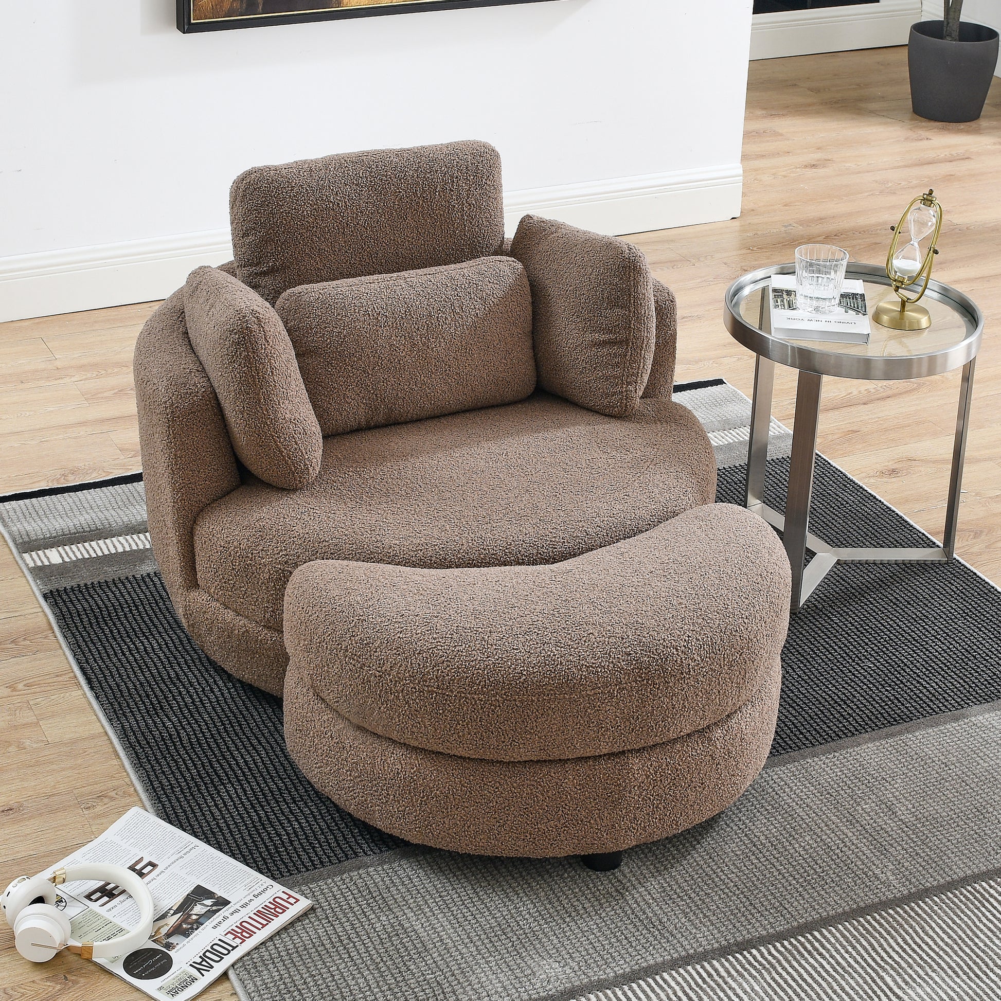 39"W Oversized Swivel Chair With Moon Storage Ottoman For Living Room, Modern Accent Round Loveseat Circle Swivel Barrel Chairs For Bedroom Cuddle Sofa Chair Lounger Armchair, 4 Pillows, Teddy Fabric Coffee Foam Fabric