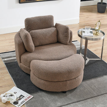 39"W Oversized Swivel Chair With Moon Storage Ottoman For Living Room, Modern Accent Round Loveseat Circle Swivel Barrel Chairs For Bedroom Cuddle Sofa Chair Lounger Armchair, 4 Pillows, Teddy Fabric Coffee Foam Fabric
