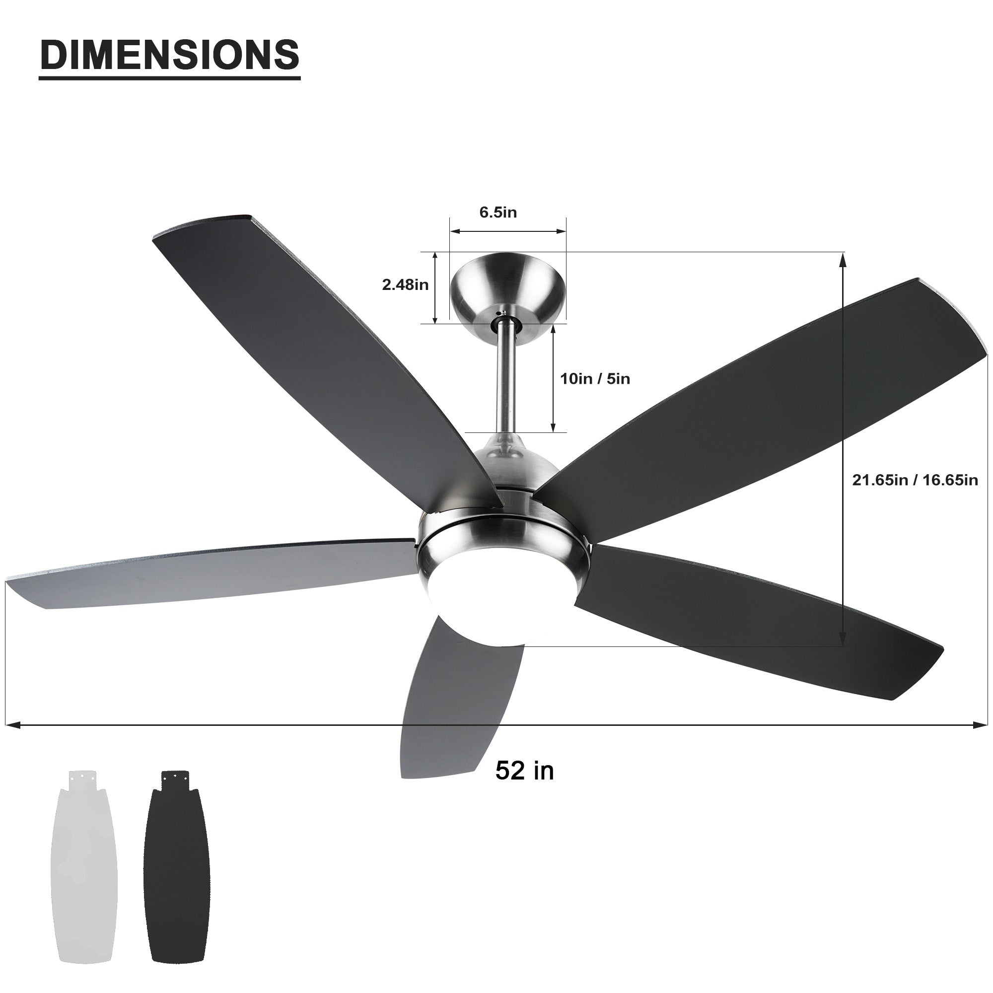 52 Inch Black Ceiling Fan with Lights Remote Control black-abs-metal